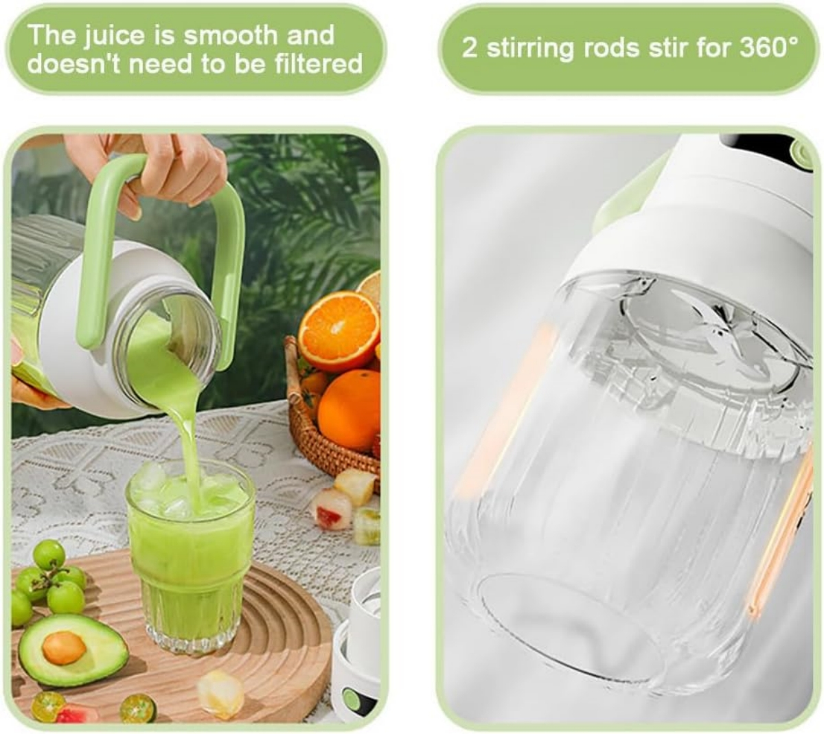 Grüner Saft wird in ein Glas gegossen; Früchte und ein leerer Mixer sind zu sehen.