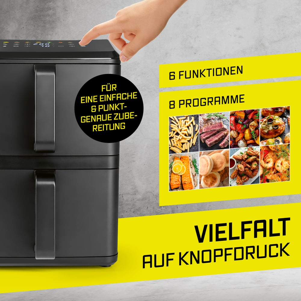 Ein schwarzer Heißluftfritteusen-Turm mit Touchscreen und Bildern von Speisen.