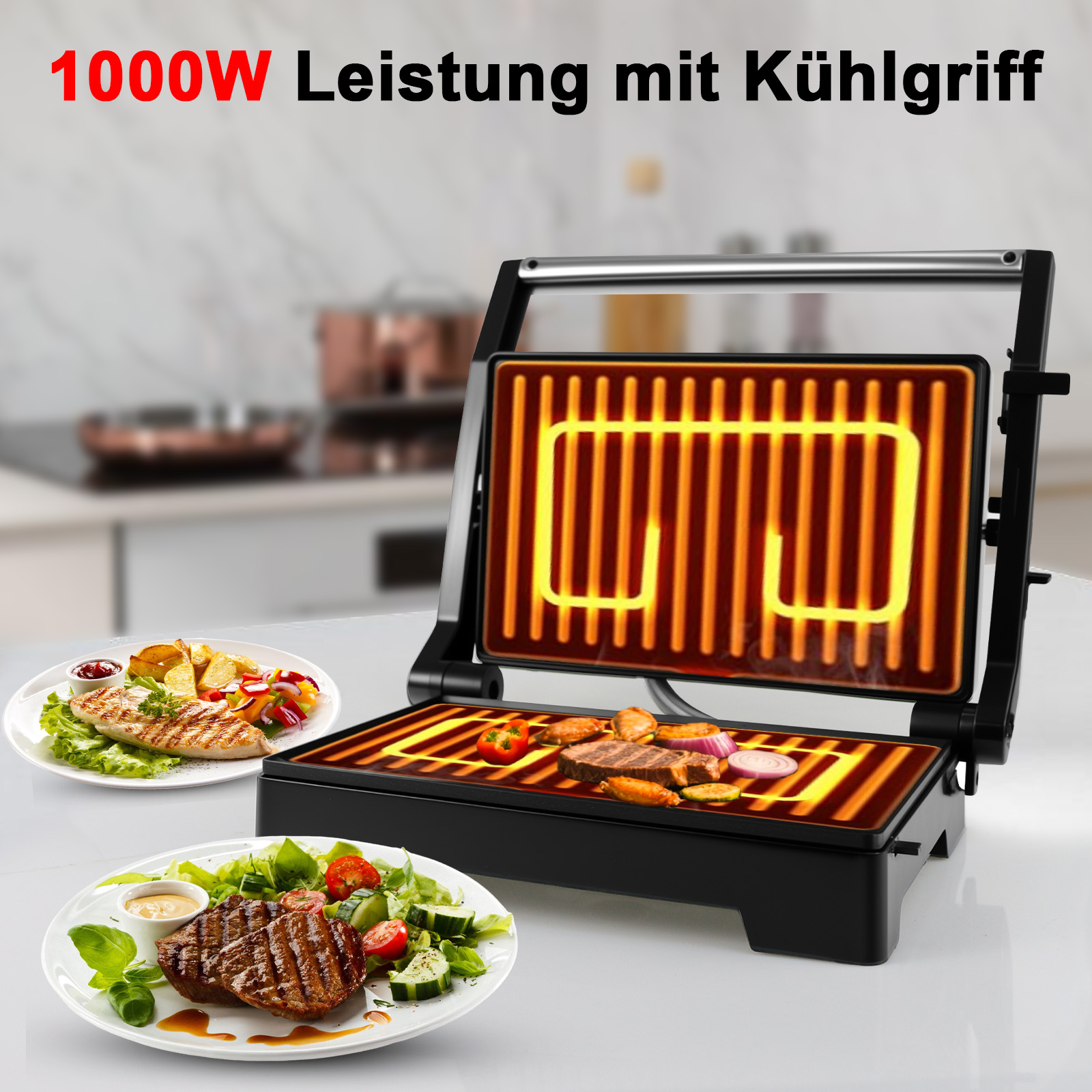 Ein offener Grill mit Fleisch und Gemüse, daneben Teller mit gegrilltem Essen.