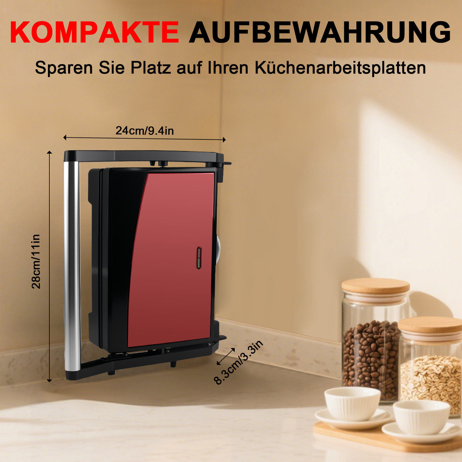 Roter Küchengerät an Wandhalterung, Maße 24x28x8.3cm. Gläser mit Kaffee & Haferflocken.