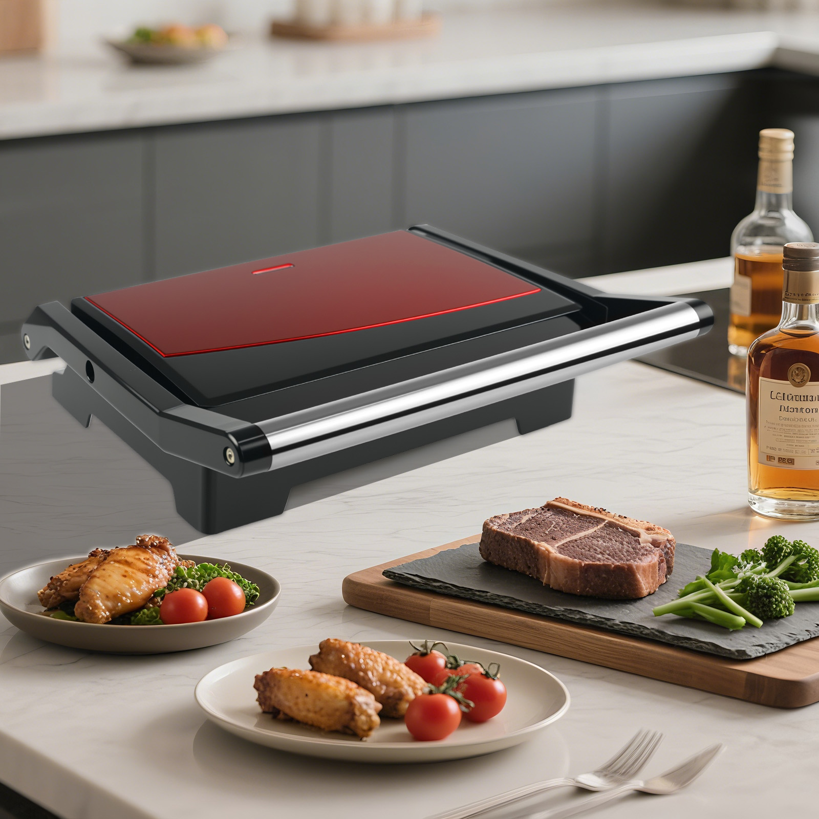 Ein roter Kontaktgrill steht neben einem rohen Steak, Brokkoli und Hähnchenflügeln.