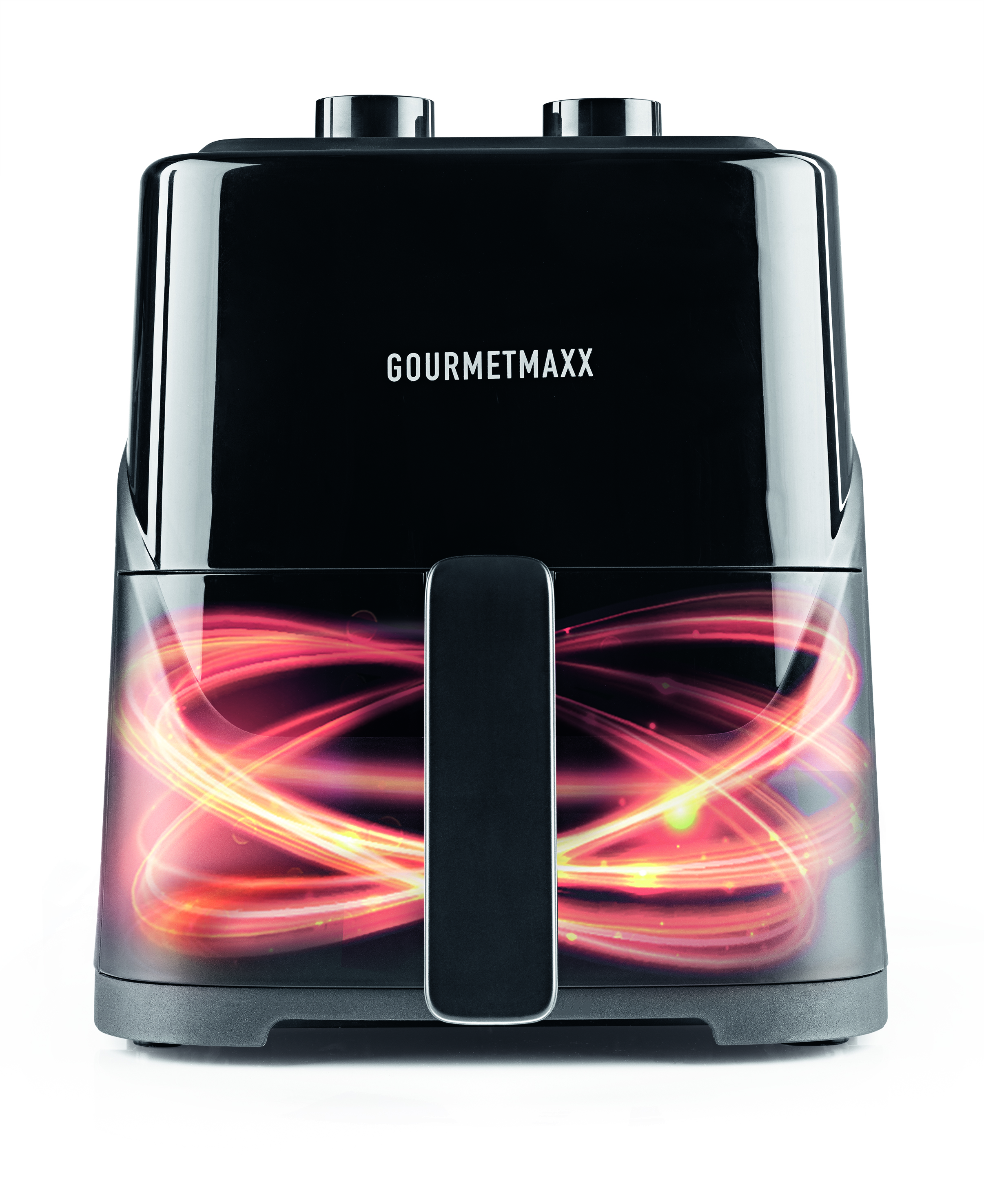Ein schwarzer Heißluftfritteusen mit "GOURMETMAXX"-Logo und Heizeffekt.