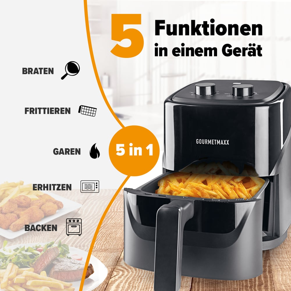 Schwarzer Heißluftfritteusen mit 5 Funktionen: Braten, Frittieren, Garen, Erhitzen, Backen.