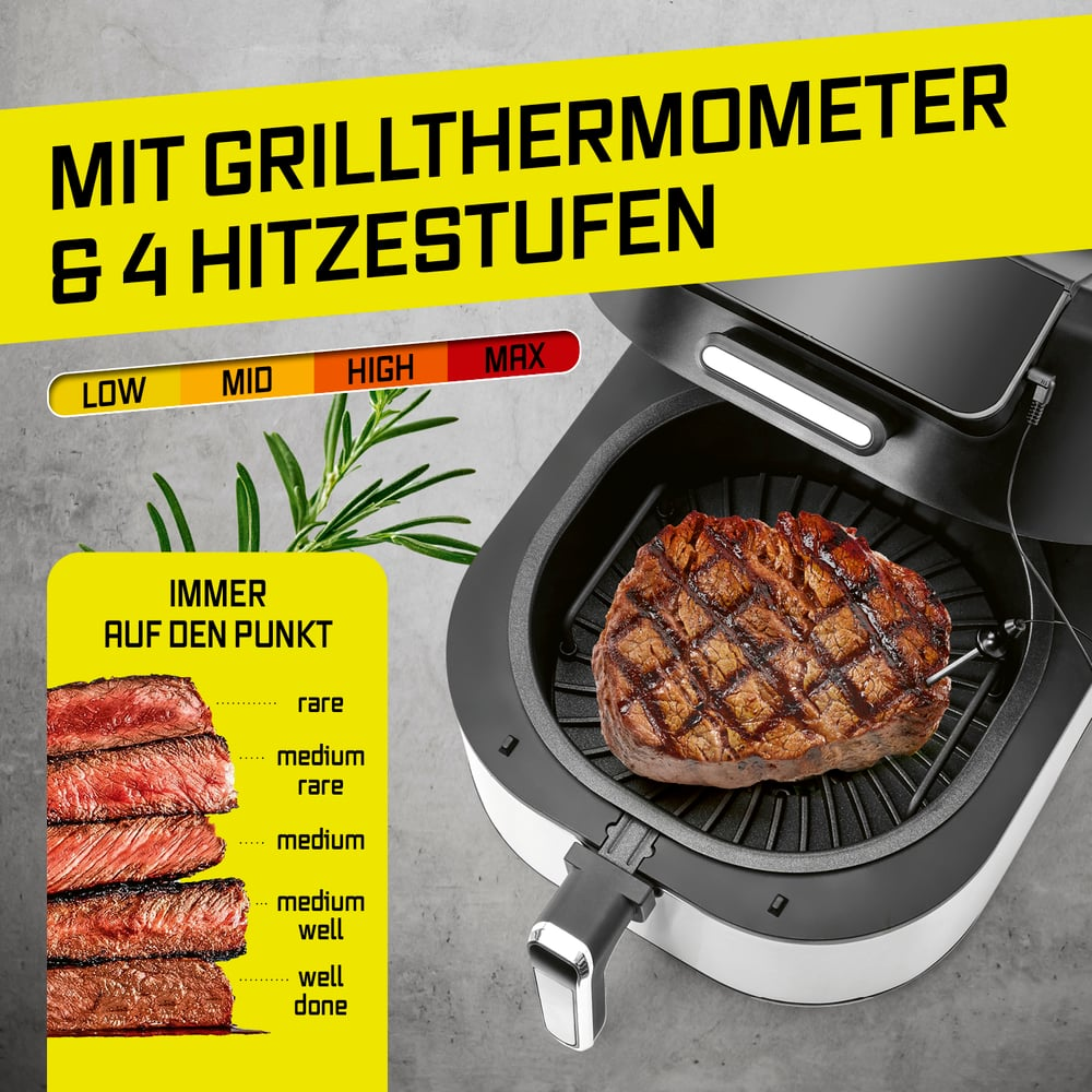 Ein Steak mit Grillstreifen in einem Grill mit Thermometer und vier Hitzestufen.