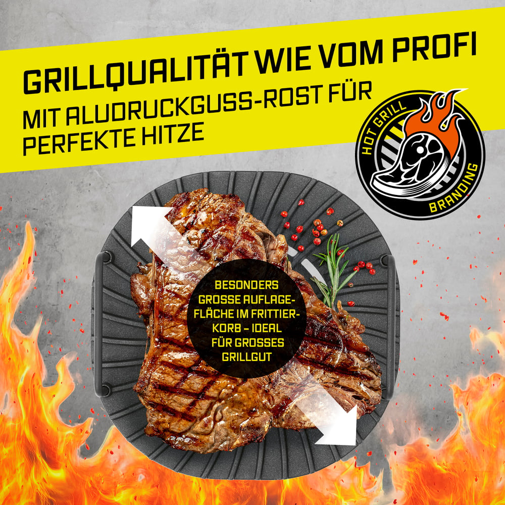 Ein Steak liegt auf einem Grillrost, umgeben von Flammen und Text.