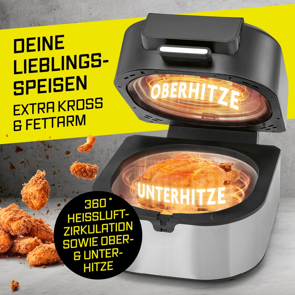 Ein Heißluftfritteuse mit Hähnchen und frittiertem Essen.