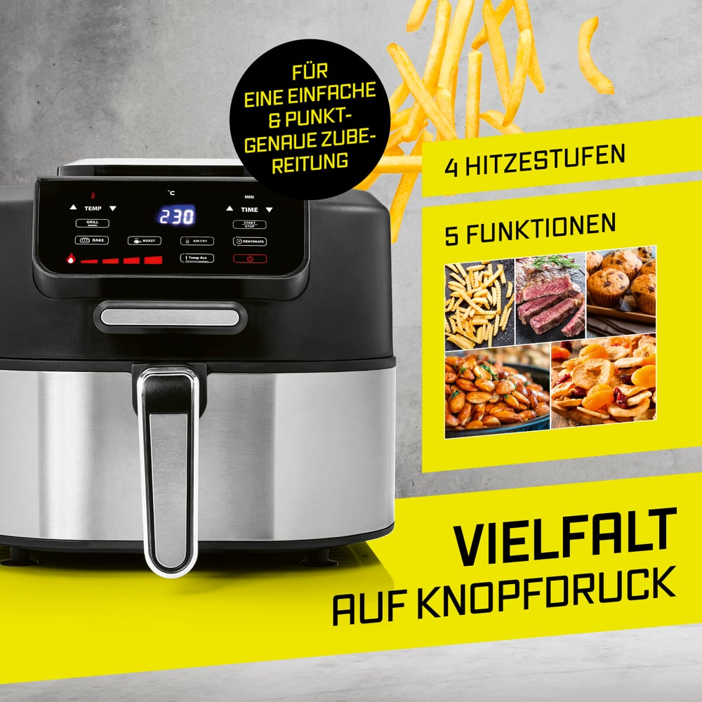 Ein schwarzer und silberner Heißluftfritteuse mit digitaler Anzeige und Kochbildern.