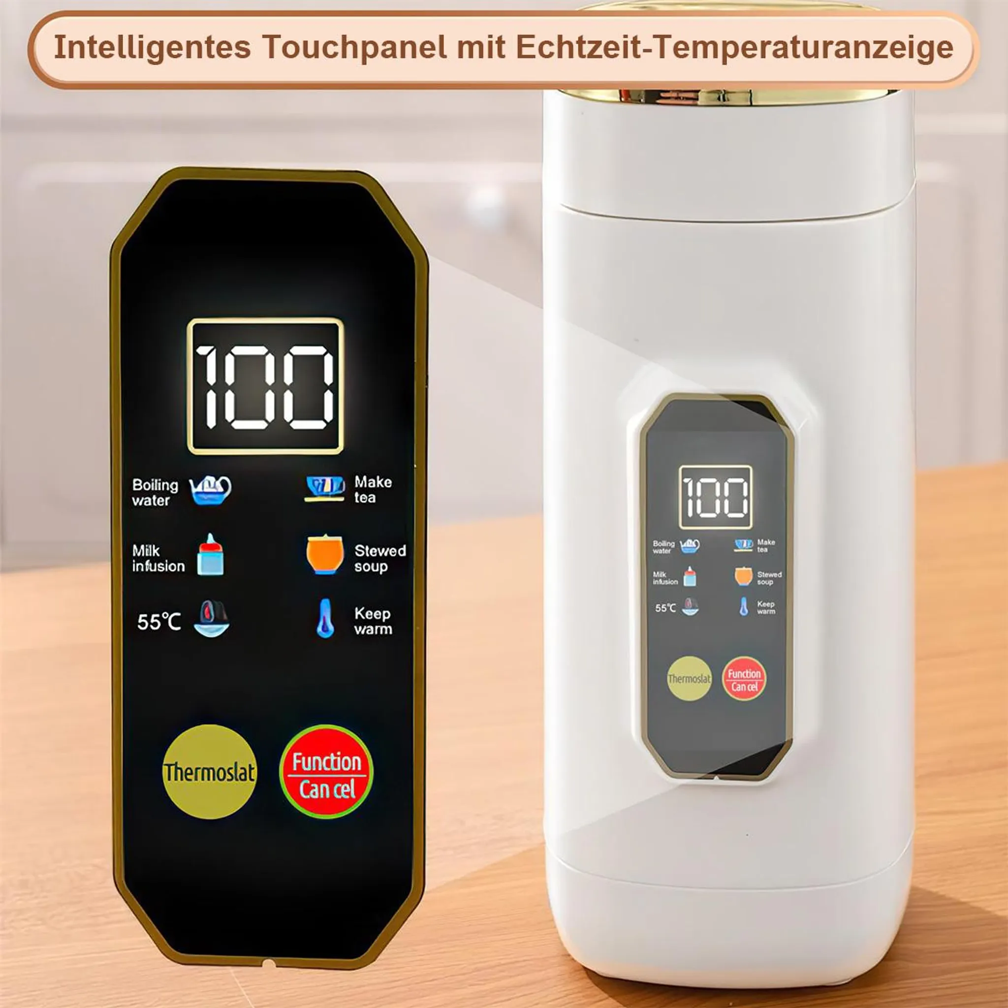 Intelligentes Touchpanel mit Temperaturanzeige: 100°C, Kochwasser, Tee, Milch, Suppe, Warmhalten.
