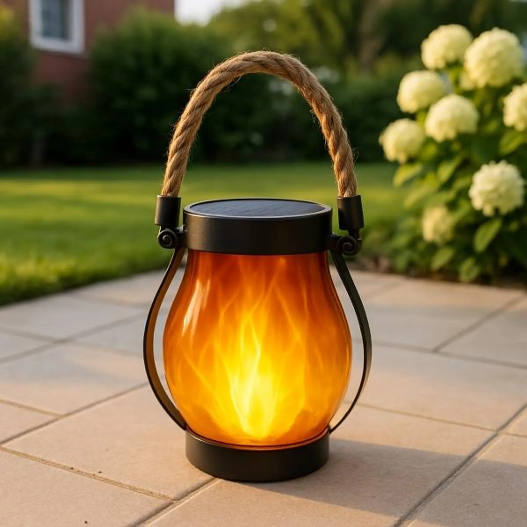 Eine Solarlaterne mit Seilgriff leuchtet mit Flammeneffekt auf einer gepflasterten Terrasse.