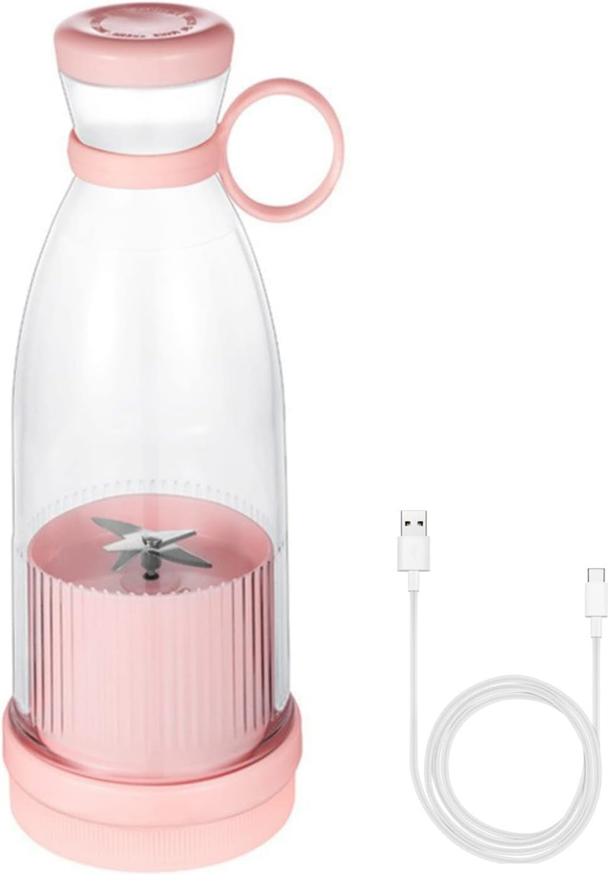 Ein rosafarbener tragbarer Mixer mit USB-Ladekabel auf weißem Hintergrund.