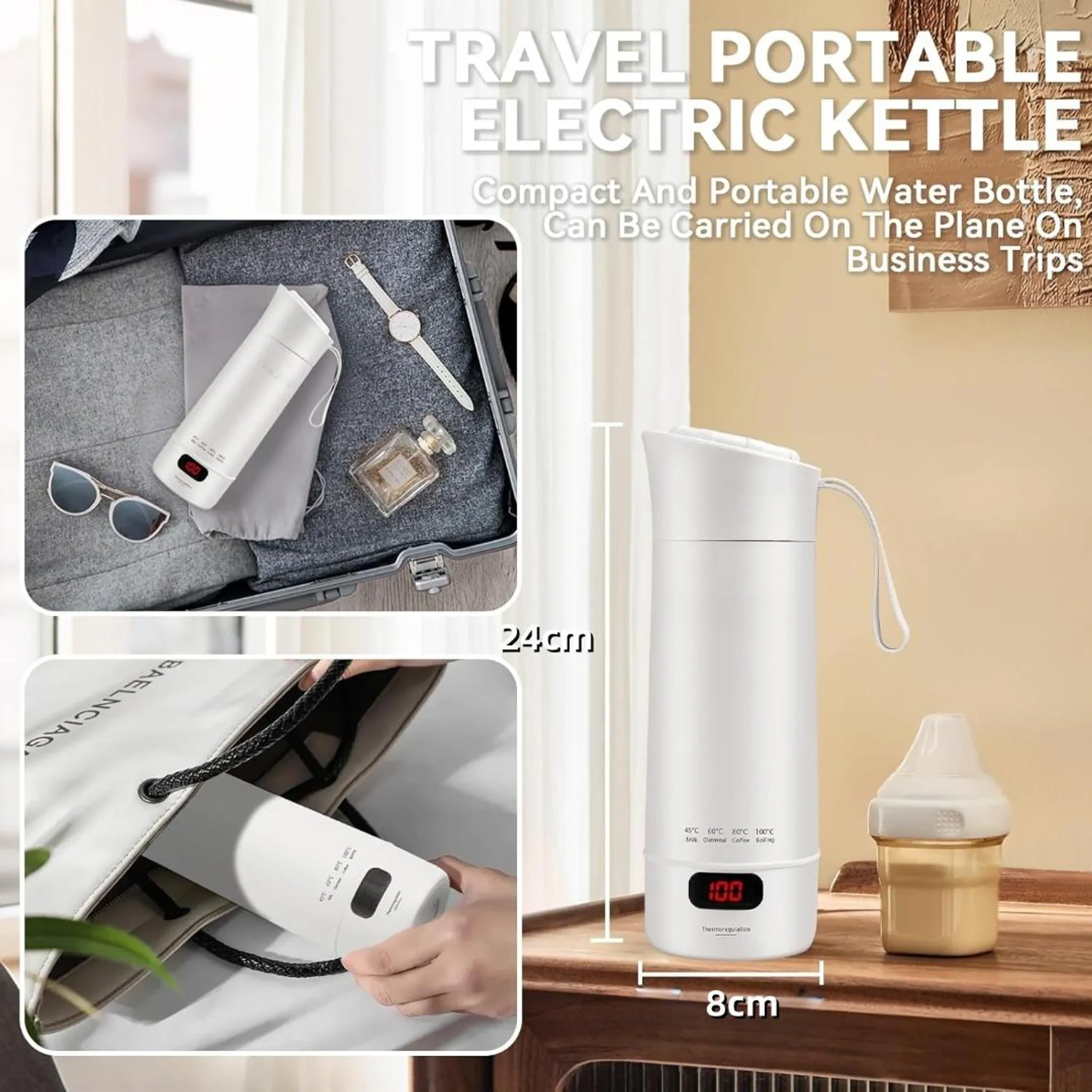 Weier tragbarer Wasserkocher mit digitaler Anzeige, neben Babyflasche.