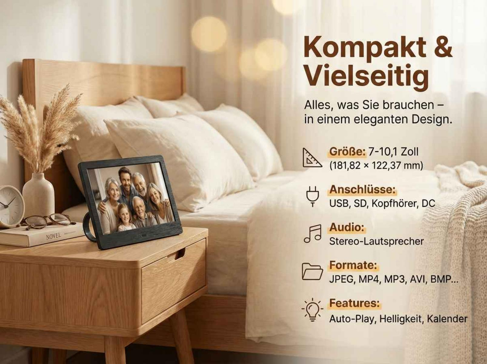 Digitaler Bilderrahmen mit Familienfoto auf Nachttisch, neben Bett.
