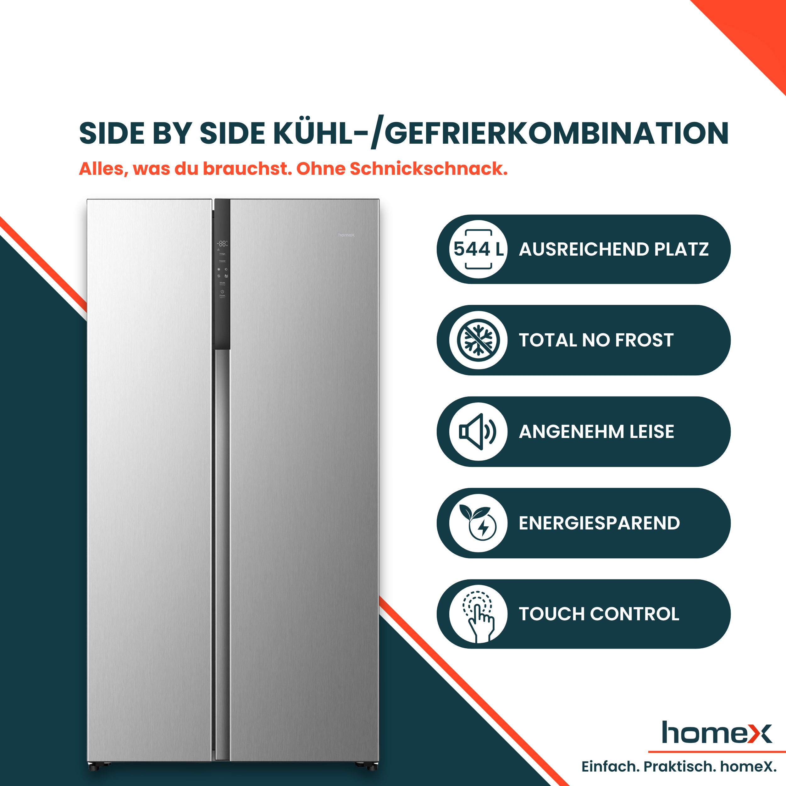 Side-by-Side Kühl-/Gefrierkombination mit Touch Control und 544 L.
