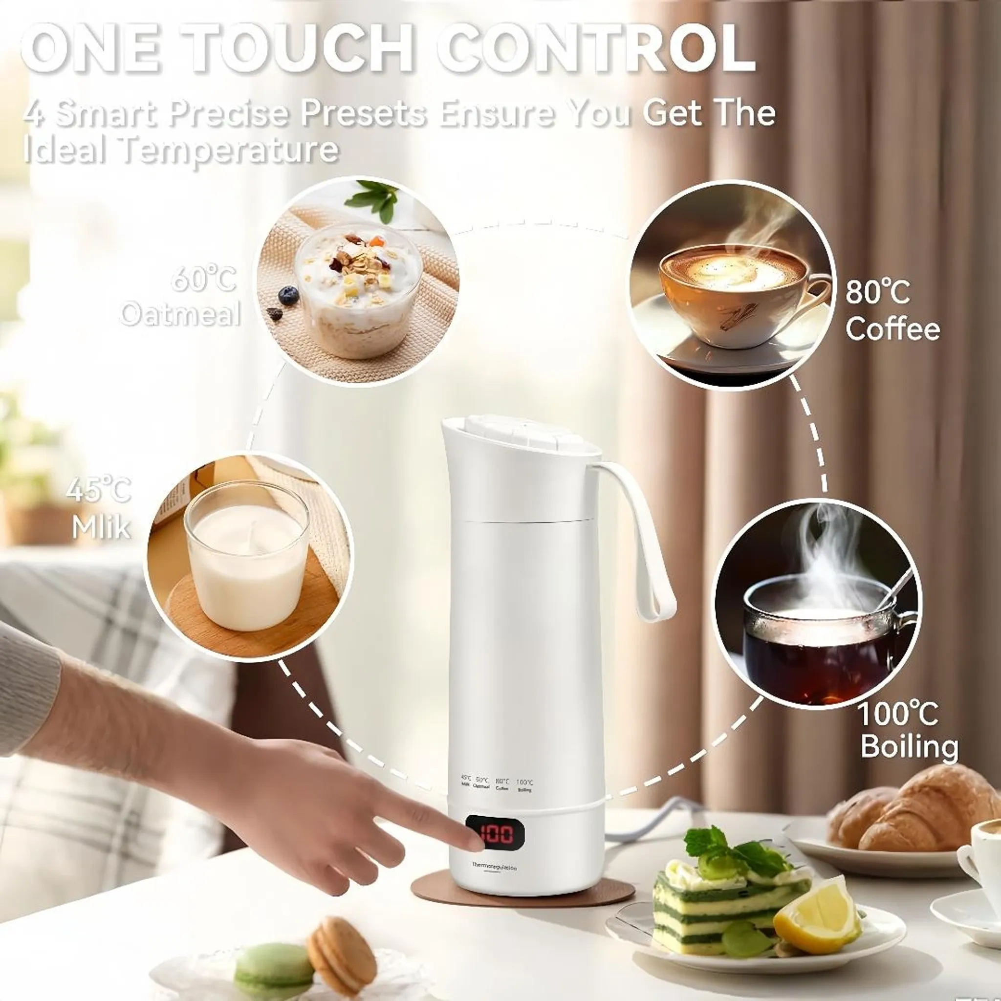 Ein weißer Wasserkocher mit vier Getränkeoptionen: Haferbrei, Kaffee, Milch und kochend.
