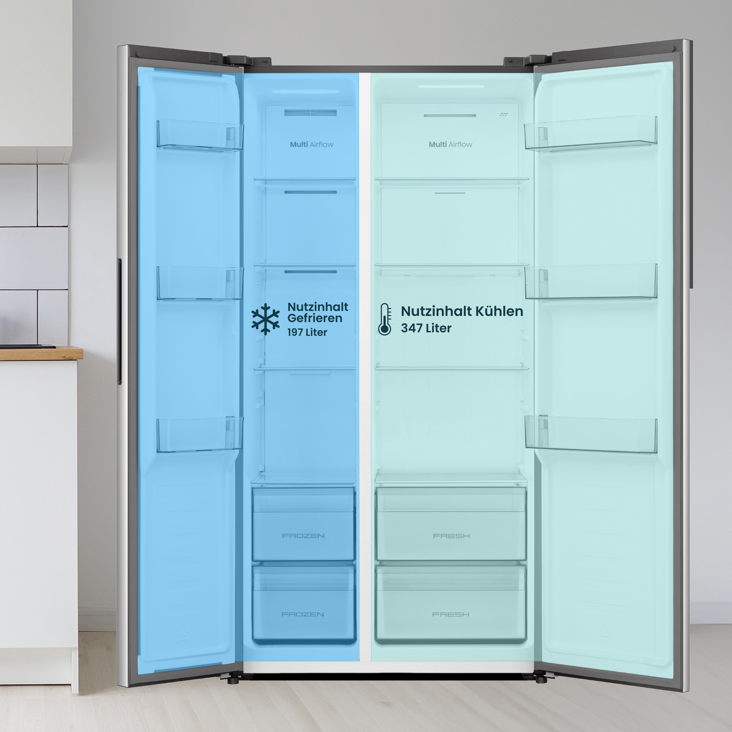 Ein offener Kühlschrank mit zwei getrennten Bereichen: Gefrieren (links, blau) und Kühlen (rechts, hellgrün).