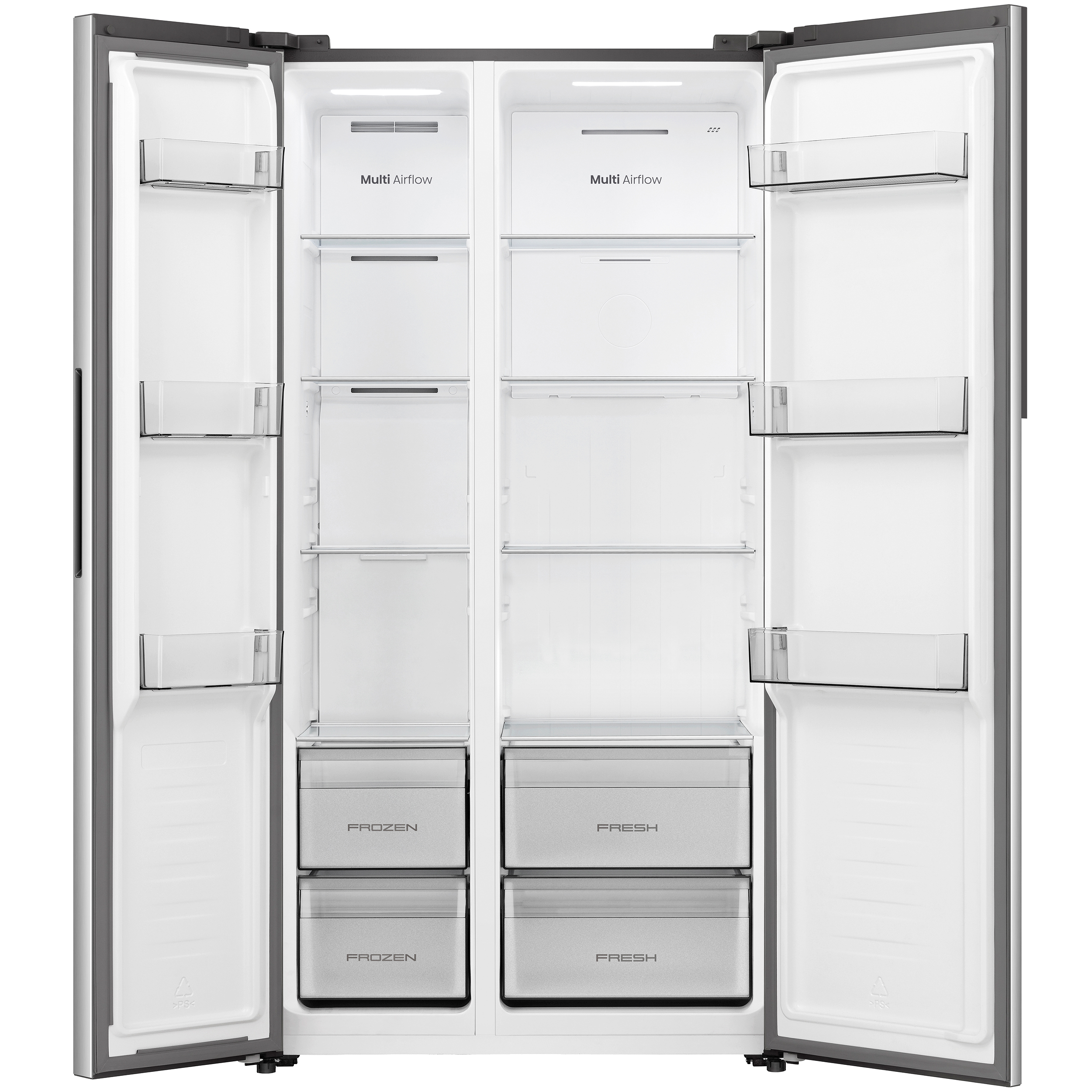Ein offener Kühlschrank mit zwei Türen, silberfarben, mit Regalen und Schubladen.