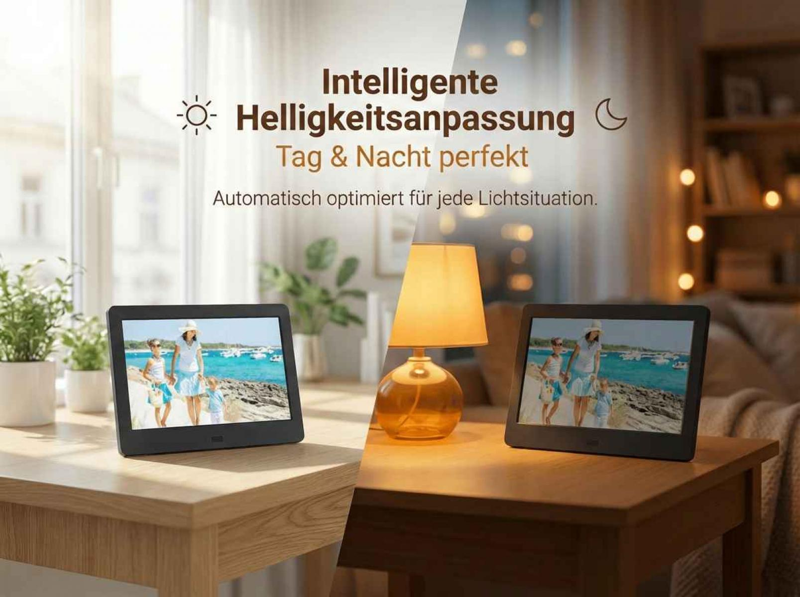 Digitaler Bilderrahmen mit Helligkeitsanpassung zeigt Familie am Meer.