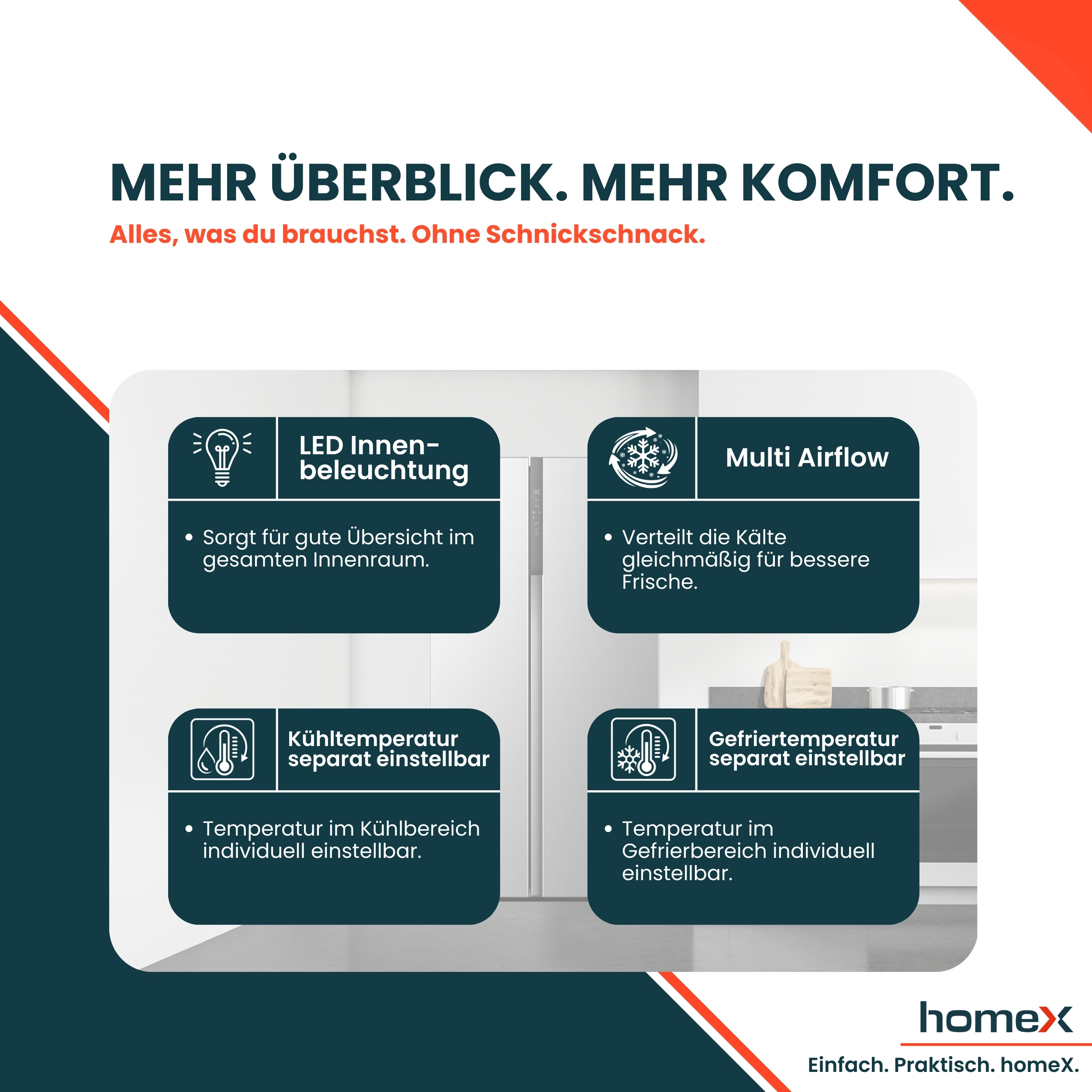 Kühlschrank mit LED-Beleuchtung, Multi Airflow und getrennten Temperaturzonen.