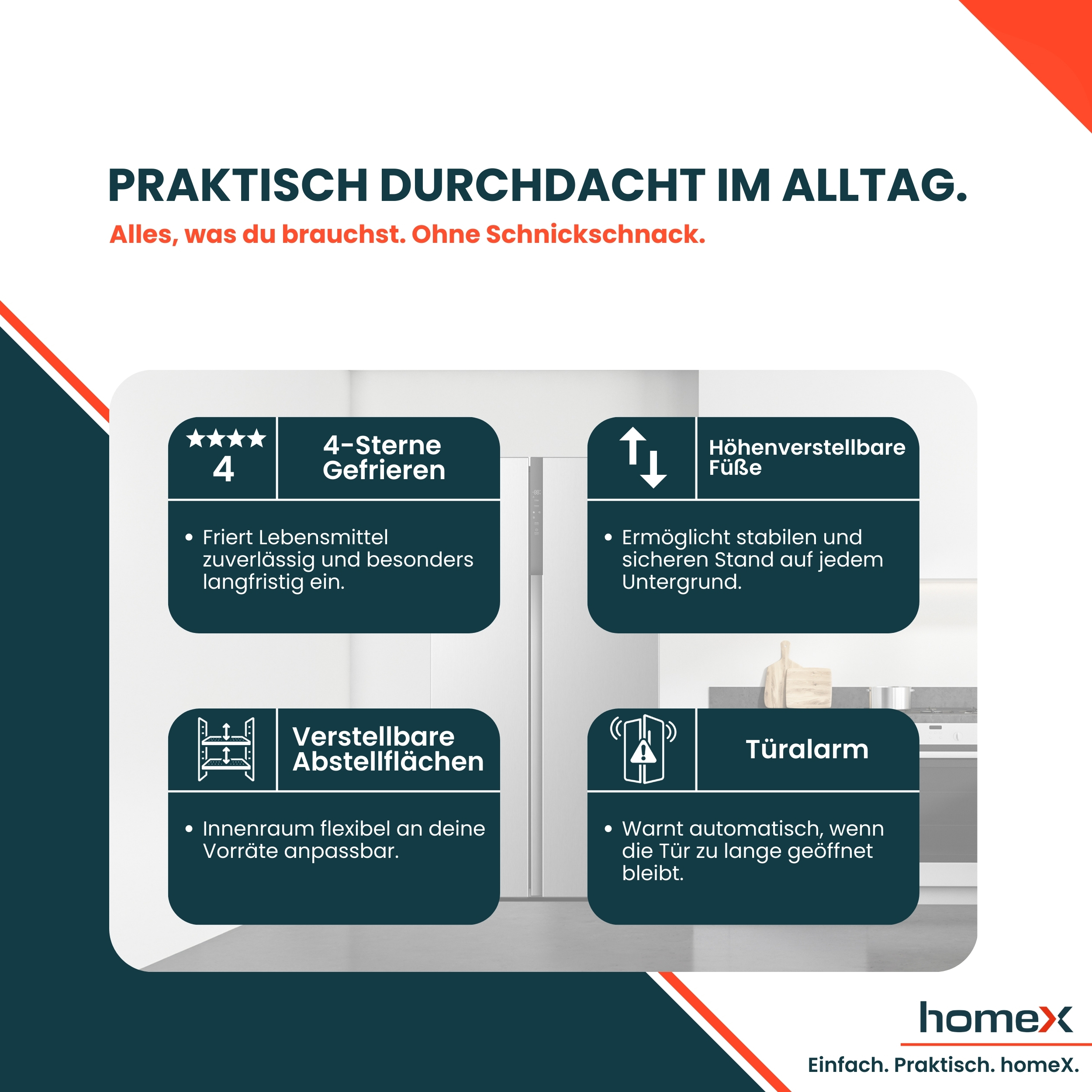 Kühlschrank mit 4-Sterne-Gefrierfach, verstellbaren Füßen, Böden und Türalarm.