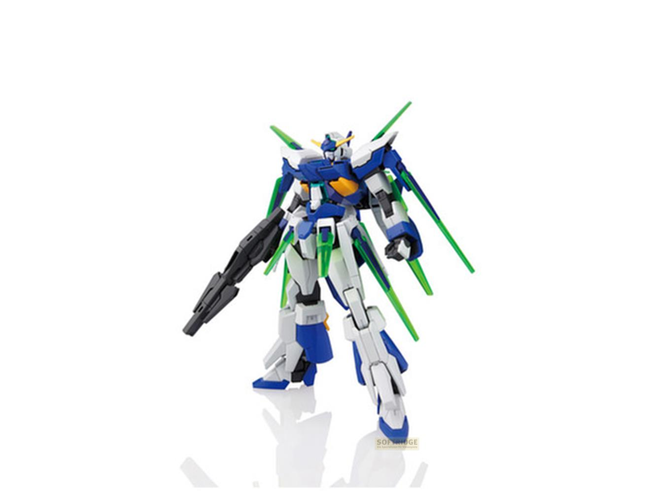 Ein blauer und weißer Roboter mit grünen Flügeln und einer Waffe hält in der Hand.