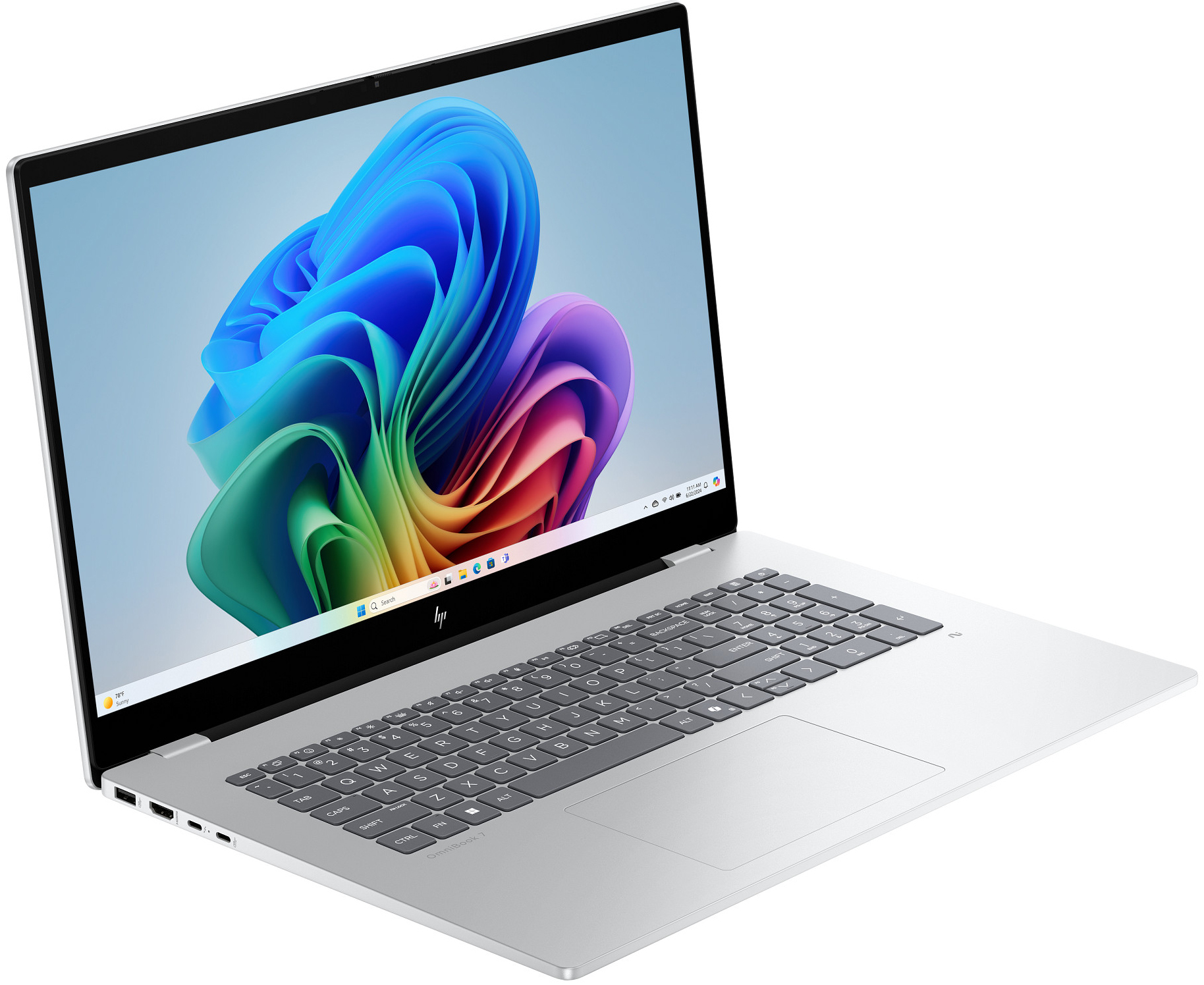 Ein silberner Laptop mit einem bunten Hintergrundbild auf dem Bildschirm.