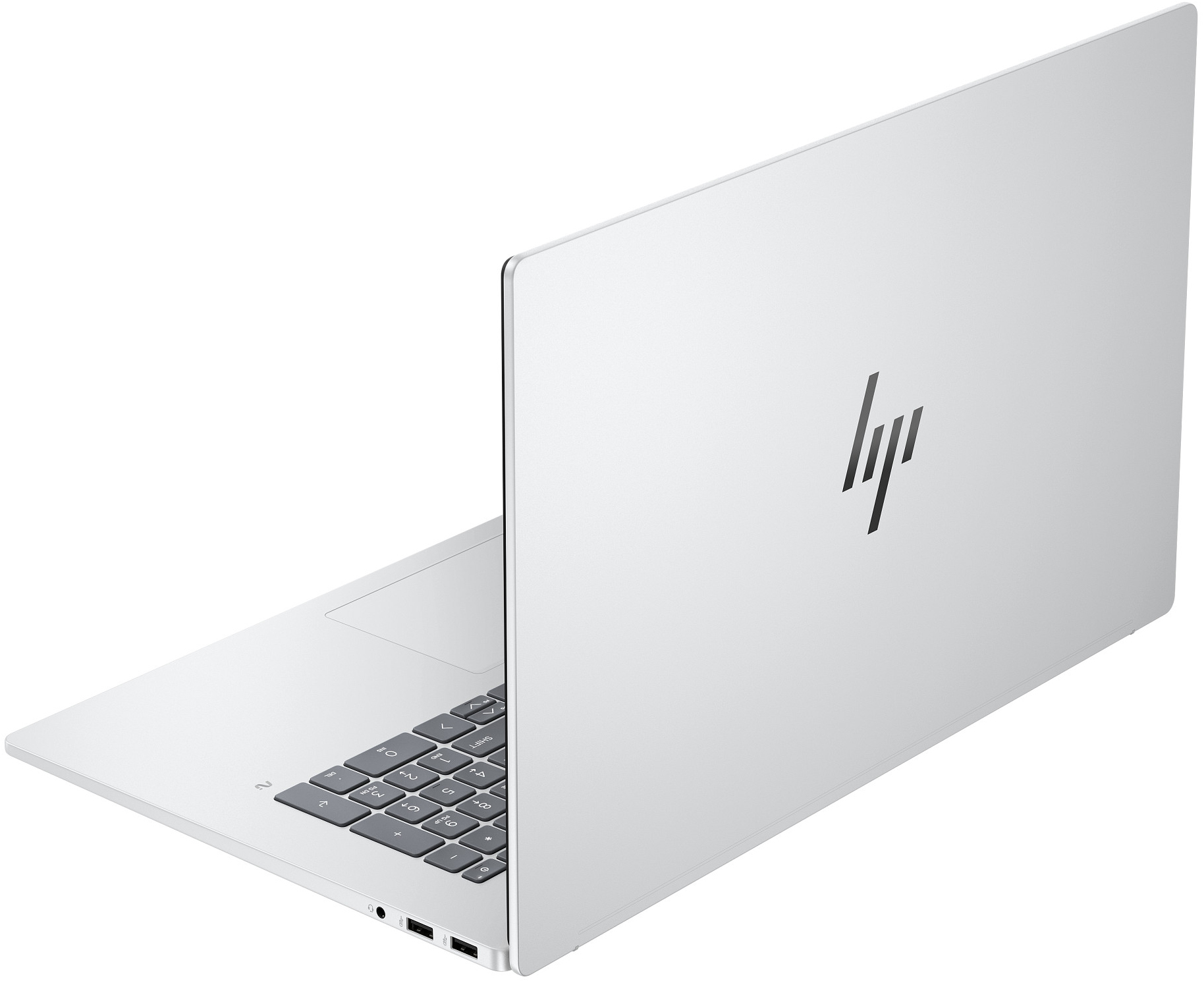Ein weißer HP Laptop, von rechts hinten gezeigt, mit Tastatur und Anschlüssen.