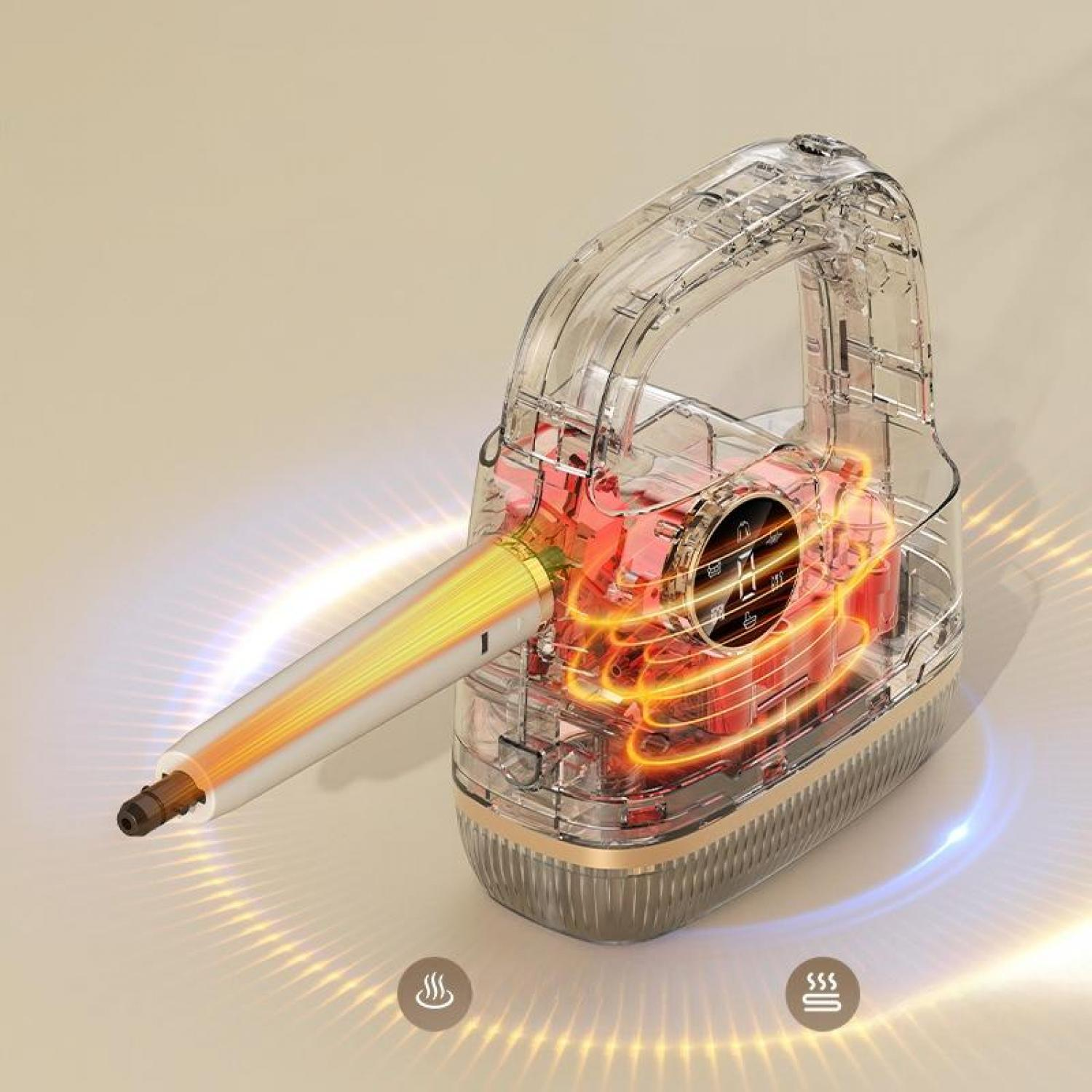 Ein durchsichtiger Haartrockner mit rotem Motor und gelbem Luftstrahl.