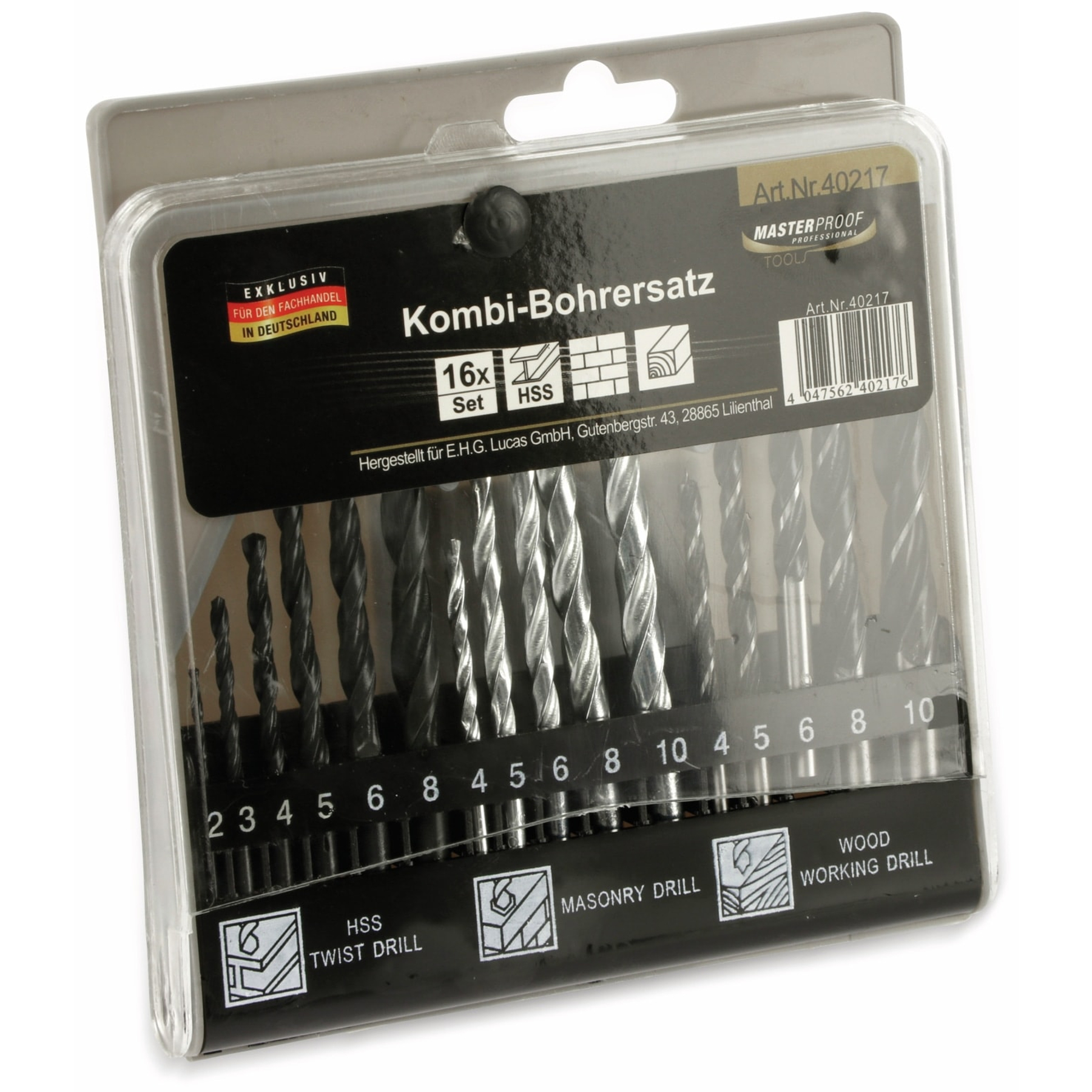 Ein Set von 16 HSS-Bohrern für Holz, Stein und Metall in einer Plastikverpackung.