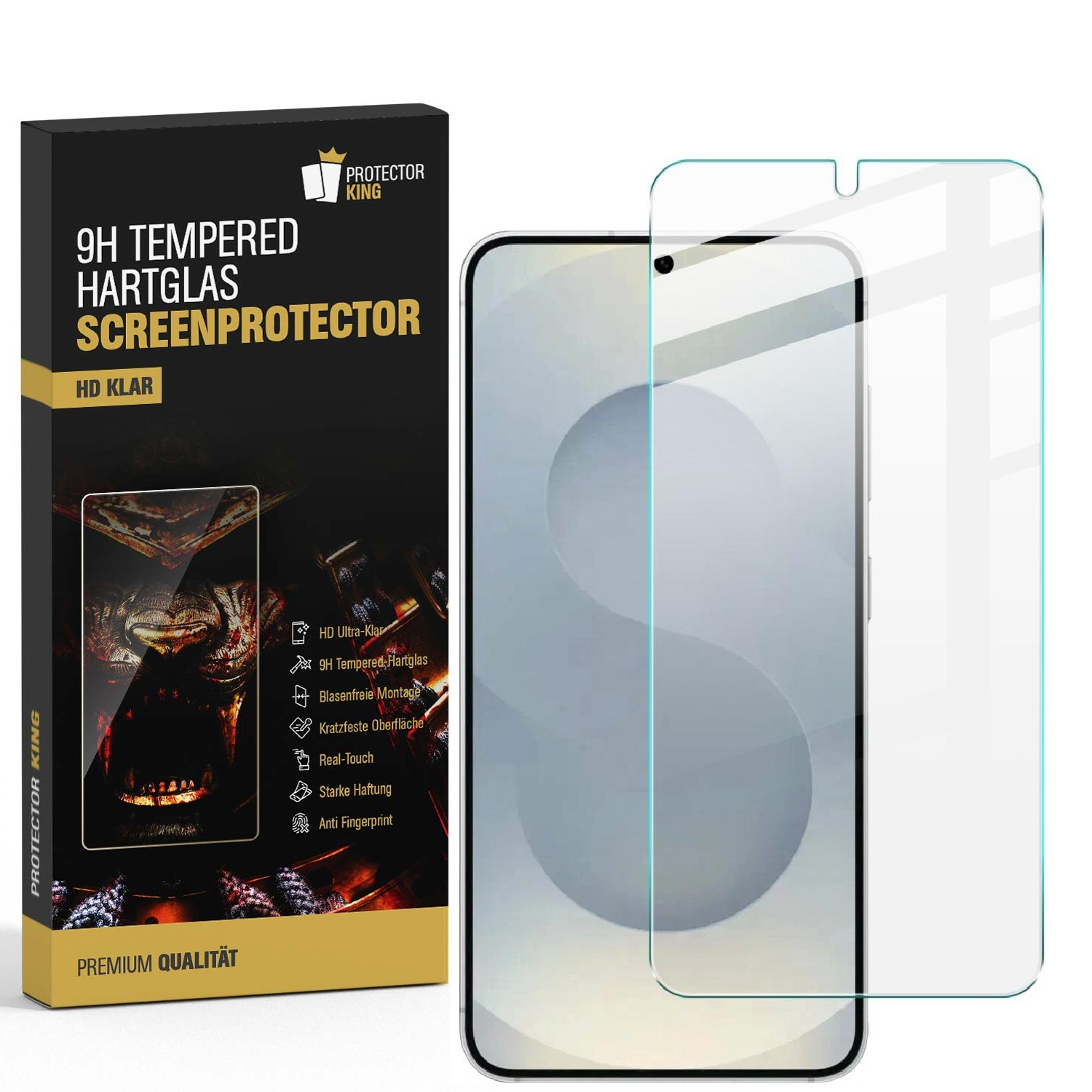 Verpackung für einen Displayschutz aus Hartglas mit einem Smartphone und dem Schutz