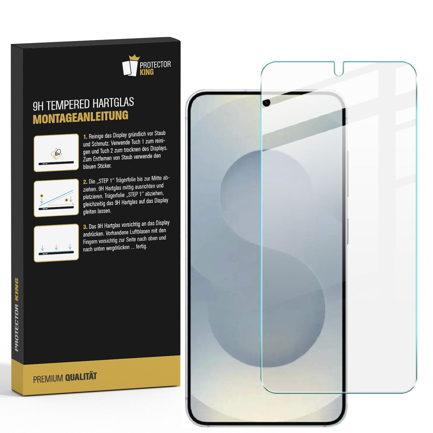 Protector King Verpackung mit Anleitung und Panzerglas für ein Smartphone.