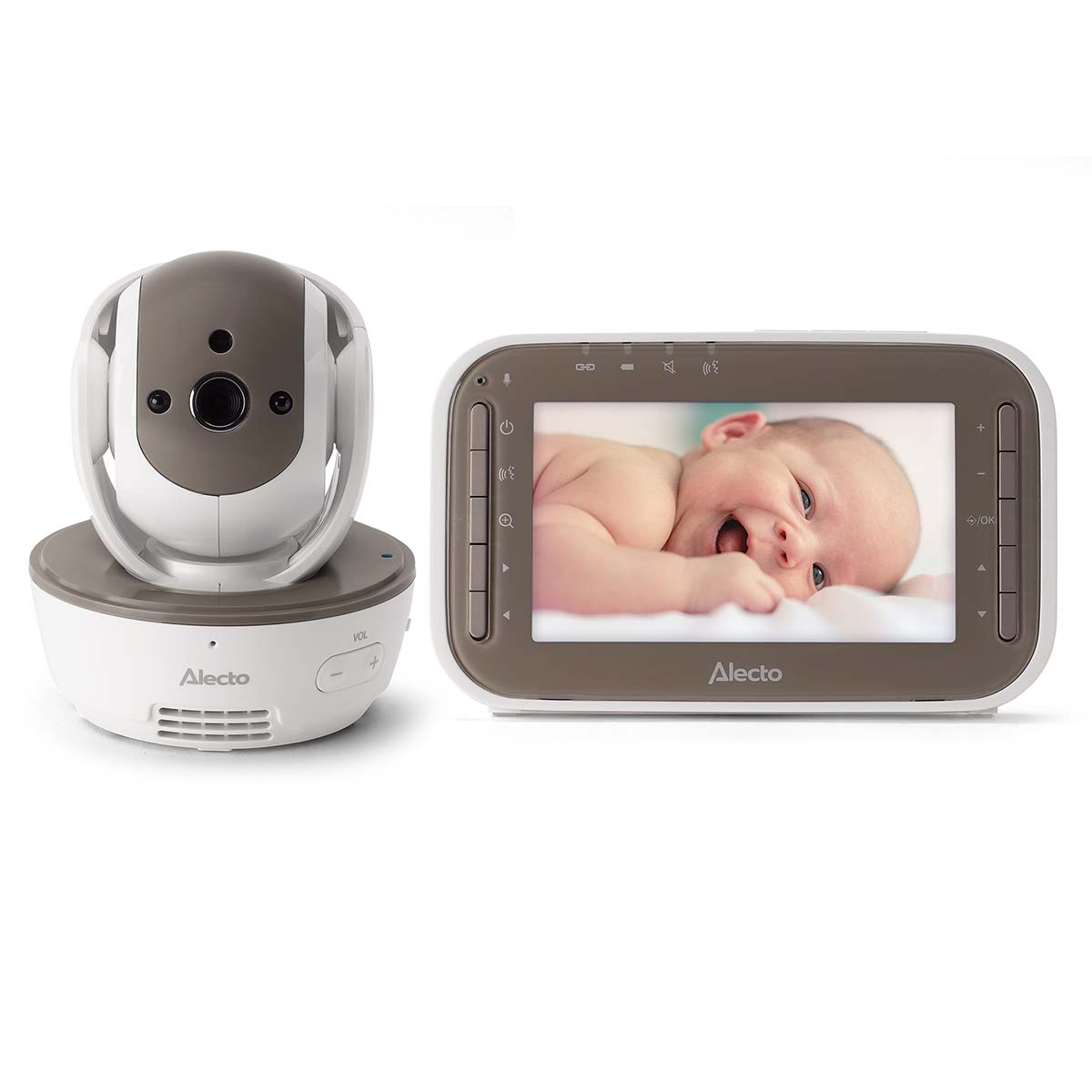 Eine weiße und graue Babyphone-Kamera und ein Empfänger mit Baby auf dem Bildschirm.