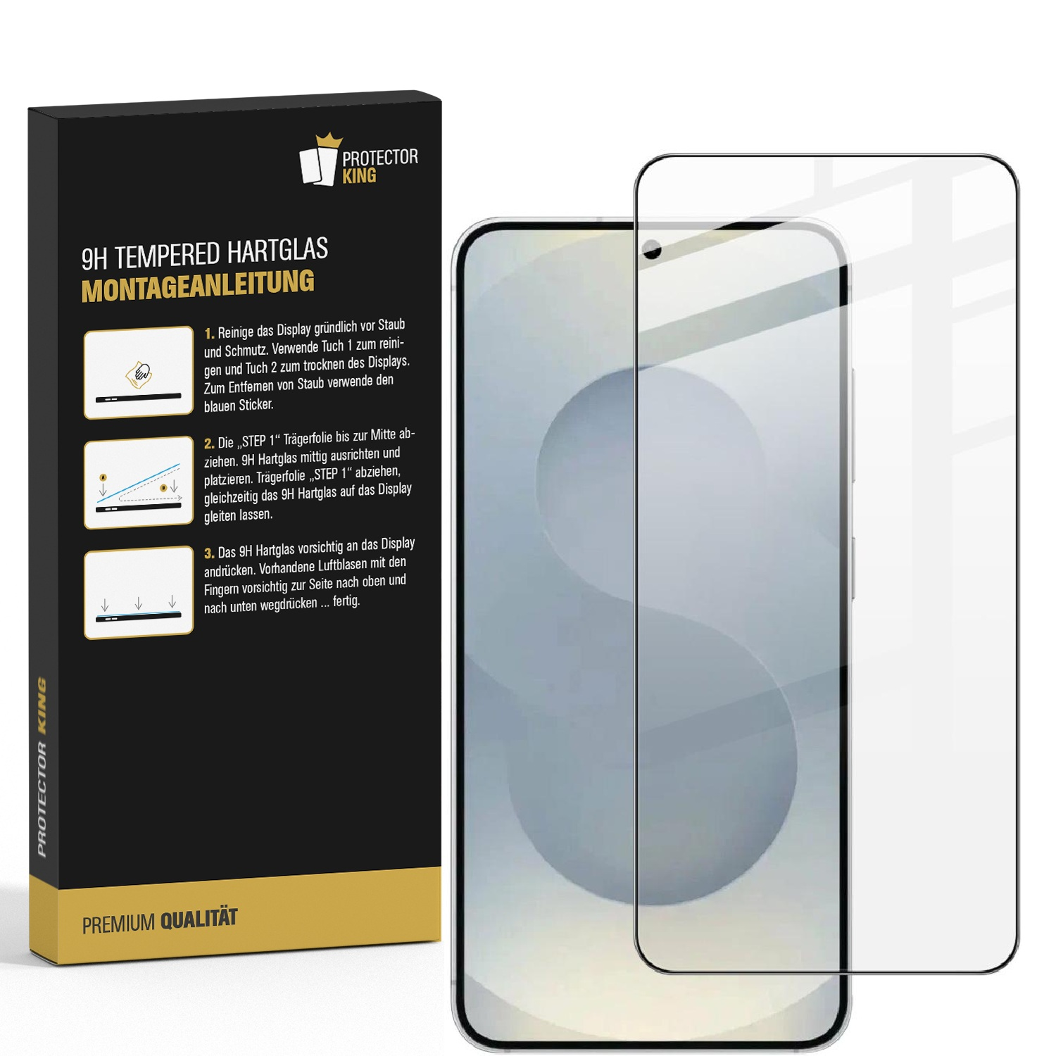 Protector King 9H Hartglas-Verpackung und Handybildschirm mit Schutzfolie.