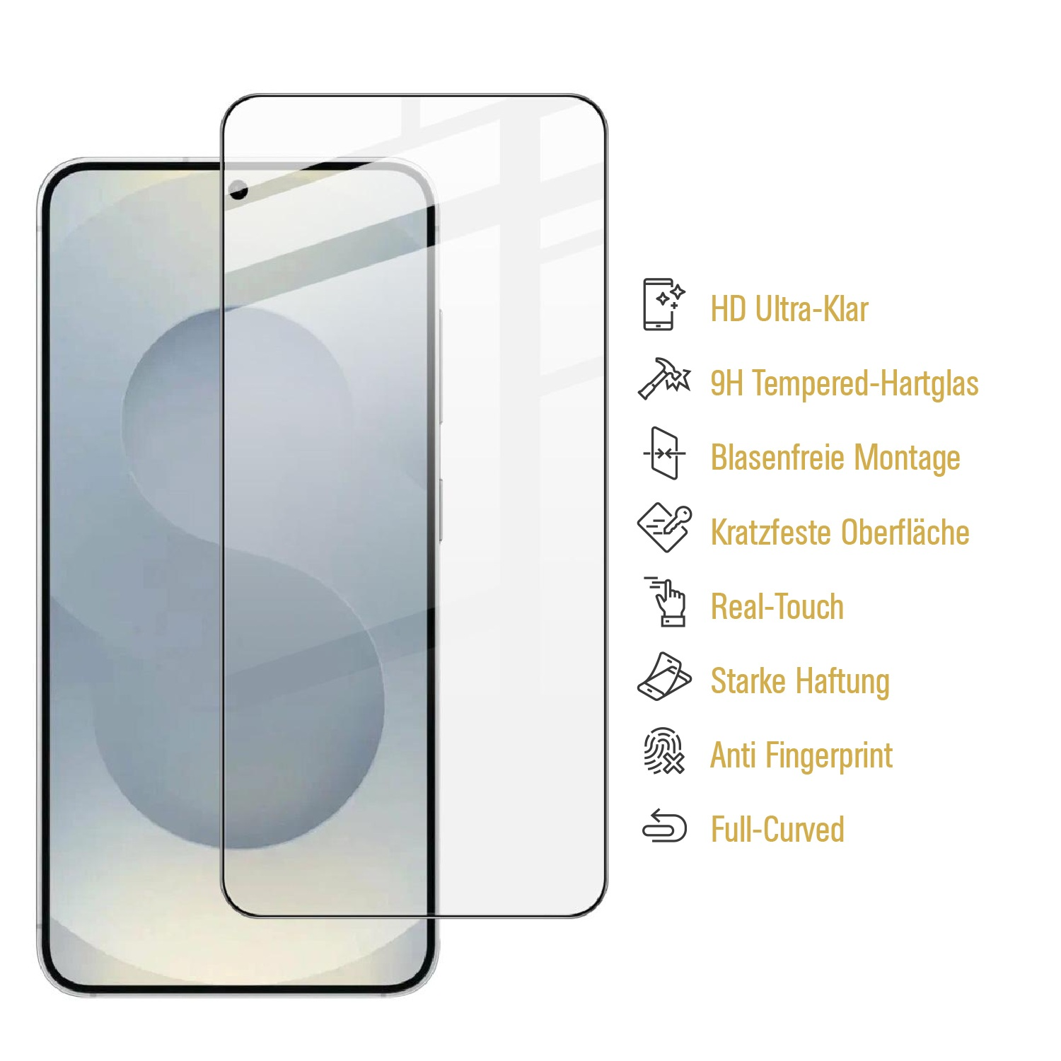 Eine Panzerglasfolie für ein Smartphone, mit Eigenschaften aufgelistet.