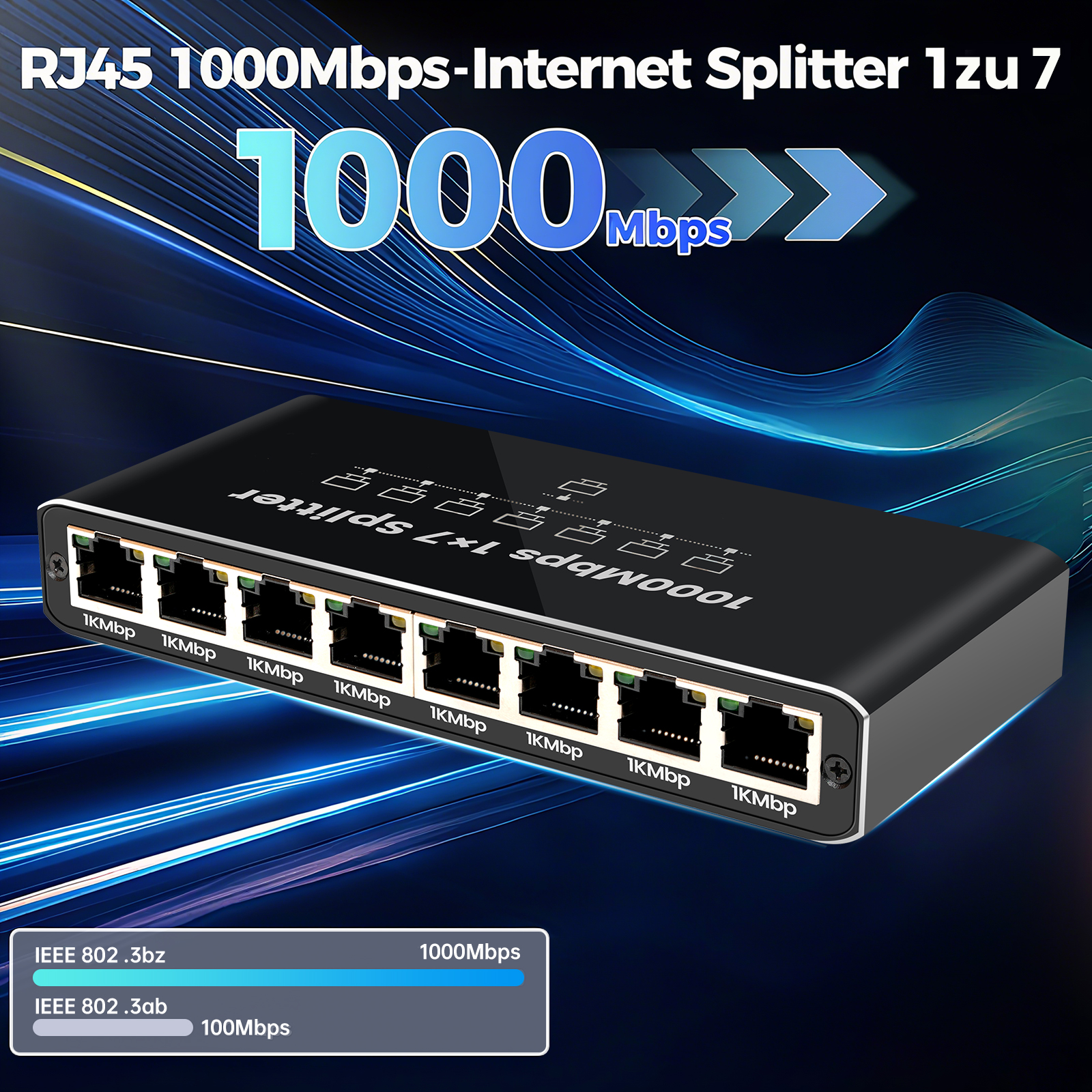 Ein schwarzer 1x7 RJ45 Gigabit-Splitter mit sieben 1000-Mbit/s-Ports.
