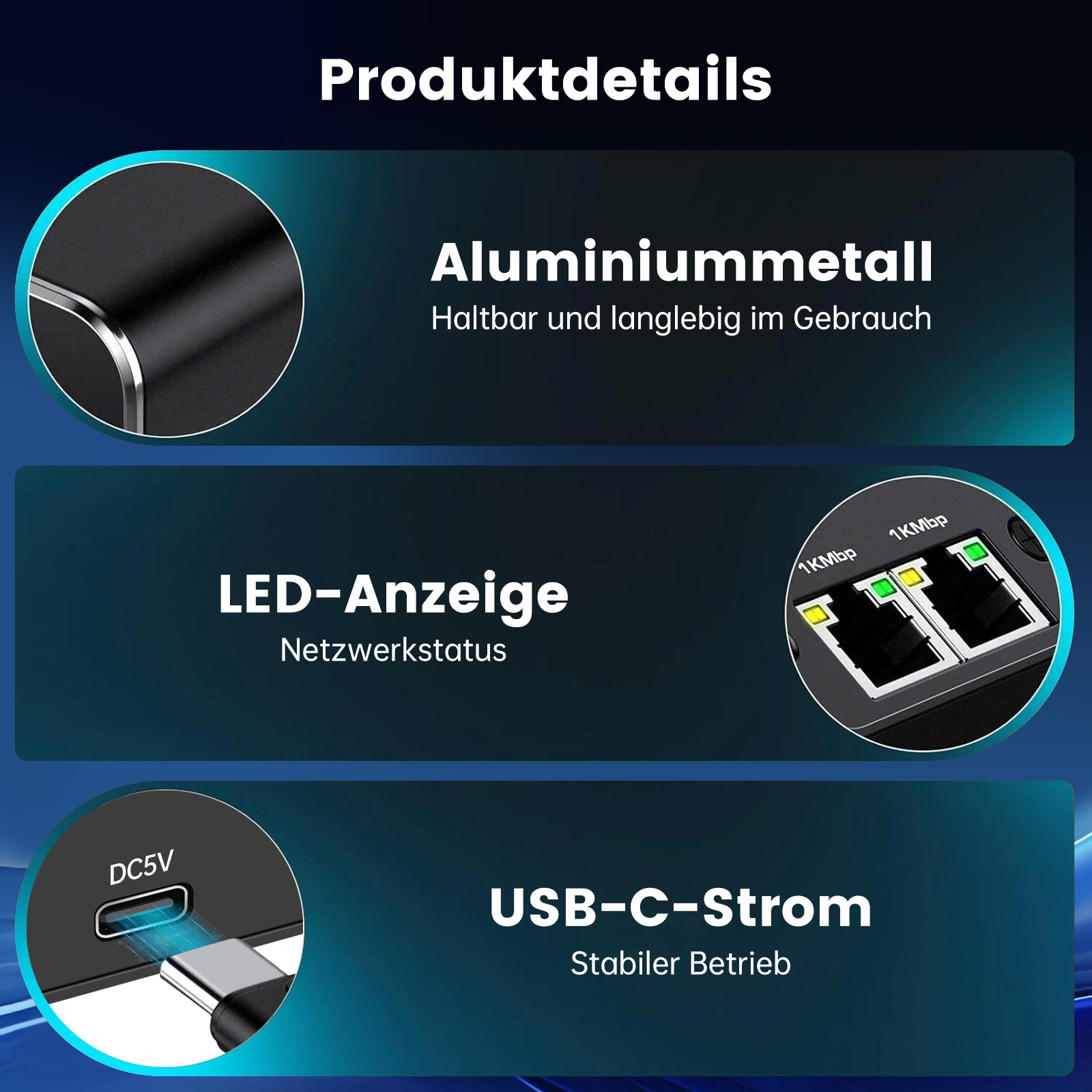Produktdetails: Aluminium, LED-Anzeige, USB-C-Strom.