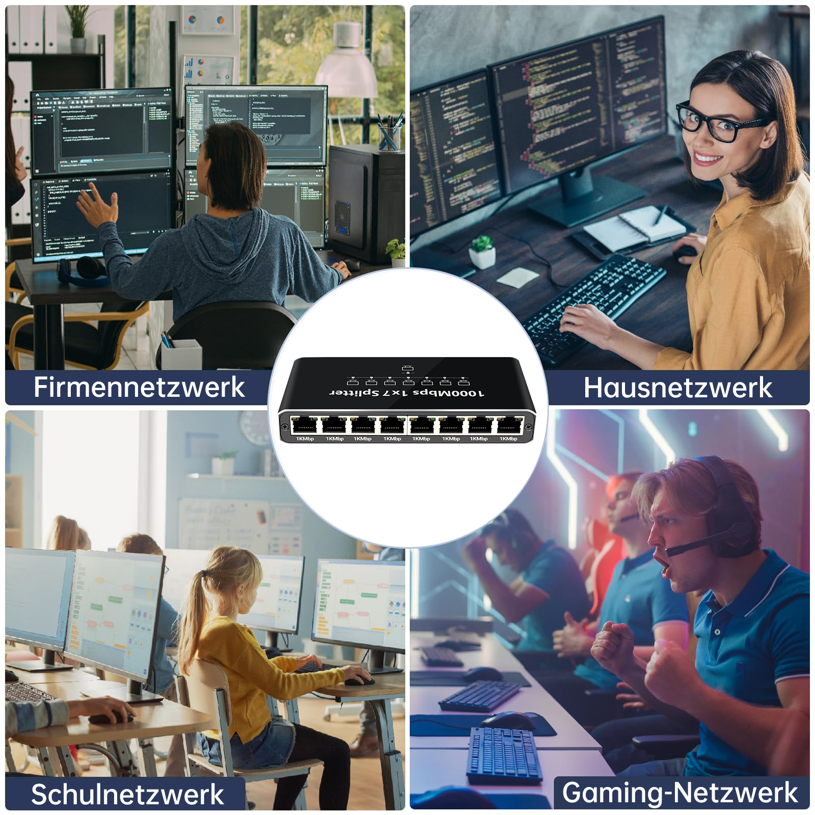 Vier Szenen zeigen Netzwerkverbindungen: Firma, Haus, Schule, Gaming.
