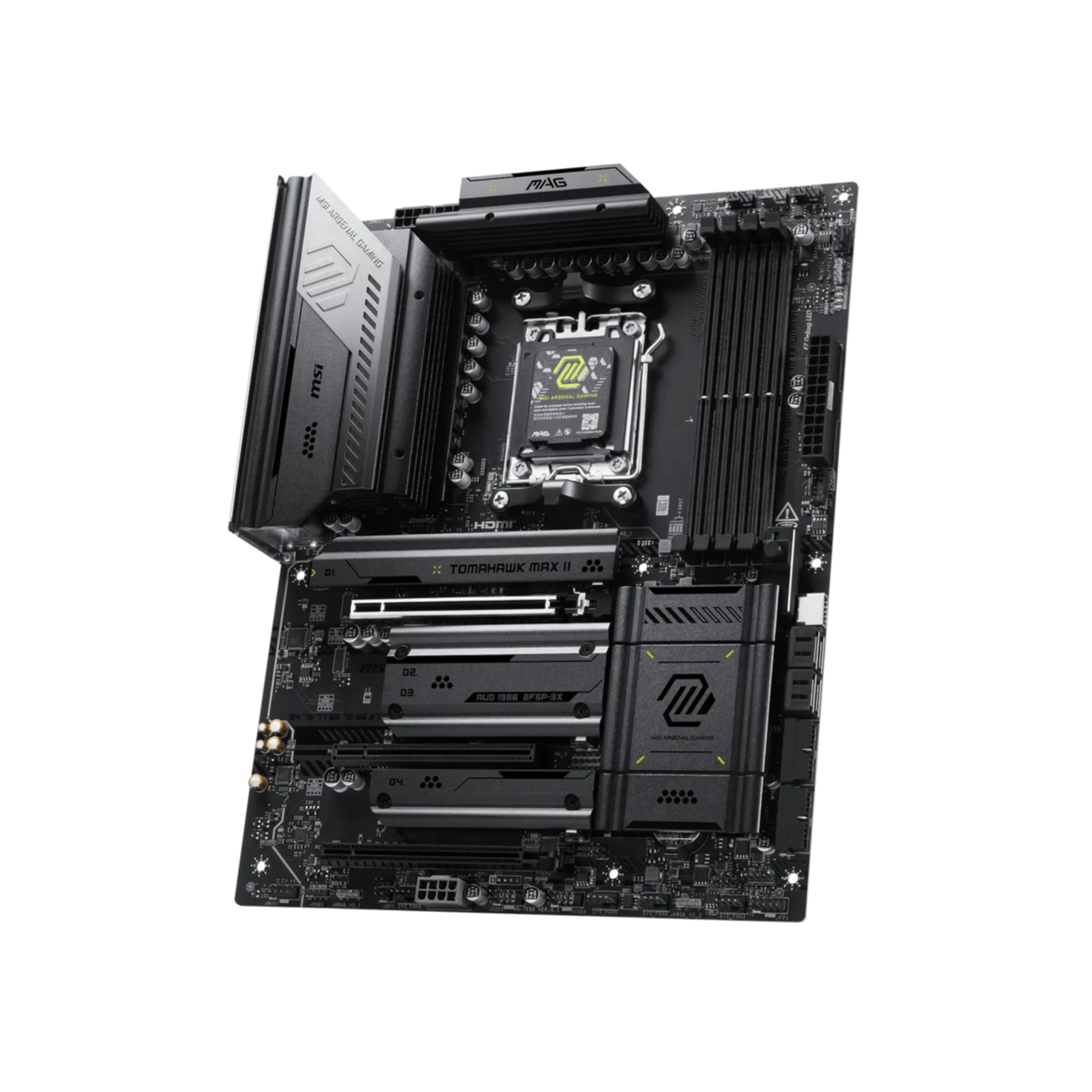 Ein schwarzes MSI MAG Tomahawk MAX II Motherboard mit silbernen Kühlkörpern und CPU-Sockel.
