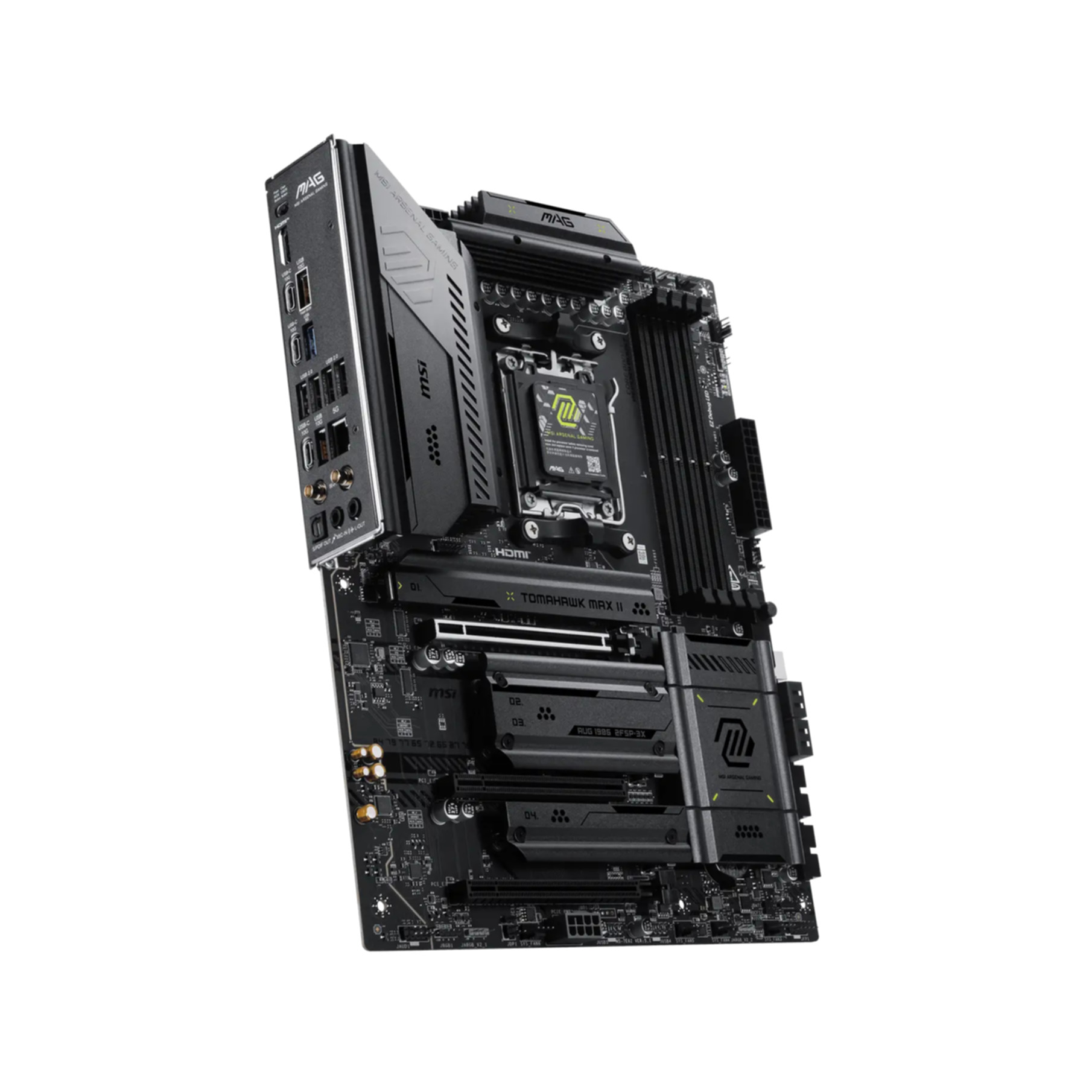 Schwarzes Motherboard mit silbernen Akzenten, detaillierten Anschlüssen und Lüftern.