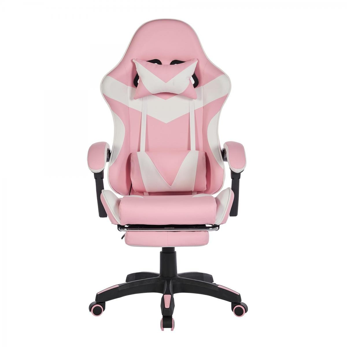 Ein pinker und weißer Gaming-Stuhl mit Kopfstütze und Lendenkissen.