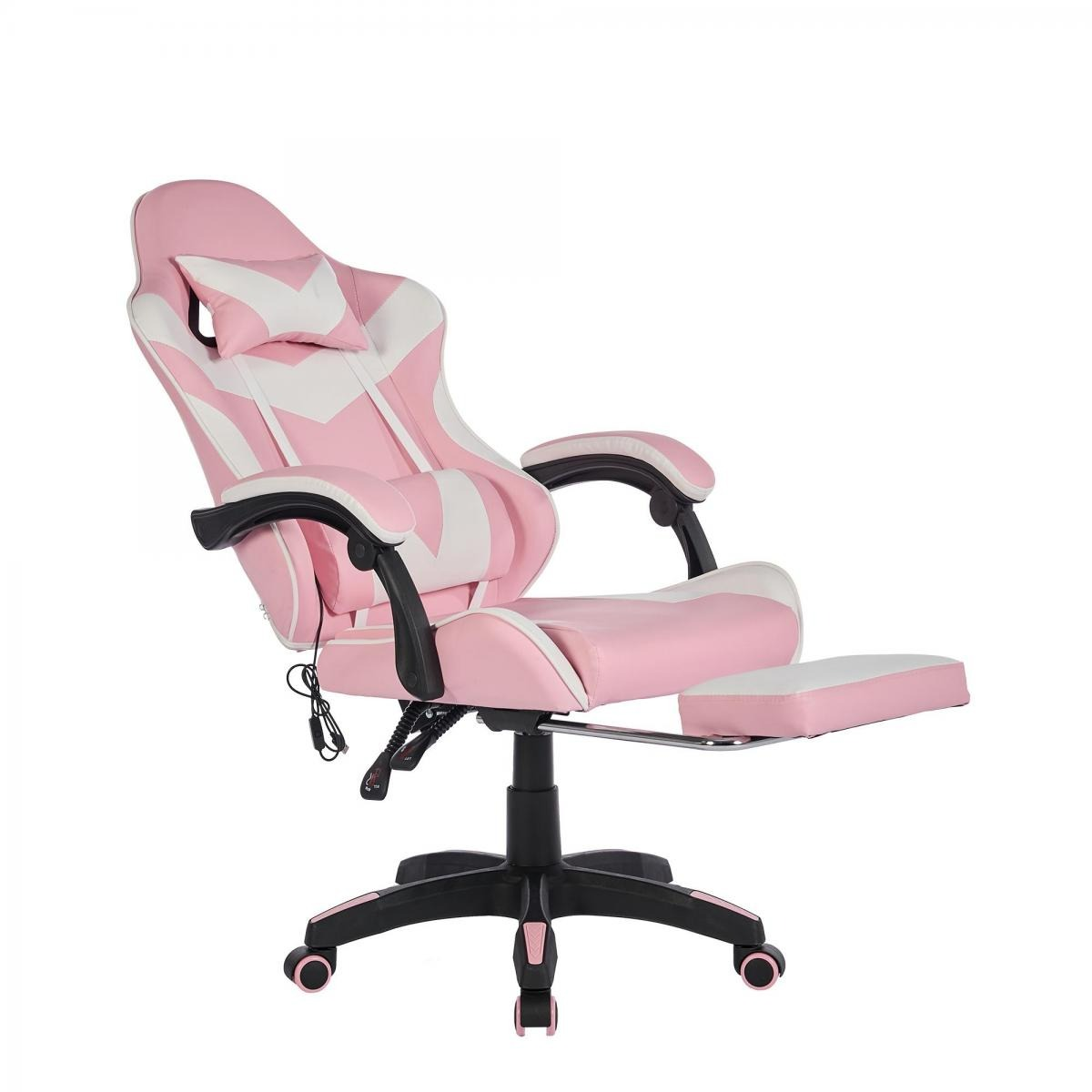 Ein pink-weißer Gaming-Stuhl mit Fußstütze ist vor weißem Hintergrund abgebildet.
