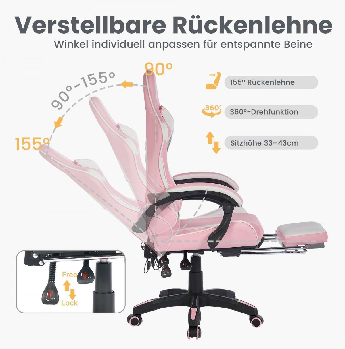 Ein rosa Gaming-Stuhl mit verstellbarer Rückenlehne und Fußstütze.
