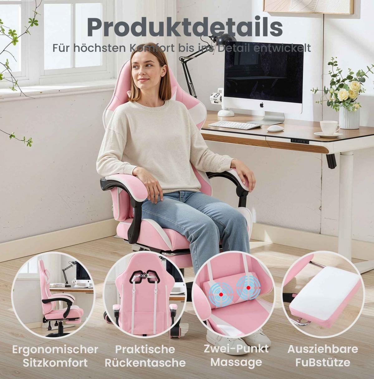Frau in einem rosa Gaming-Stuhl mit Fußstütze, Massagewürfeln und Rückentasche.