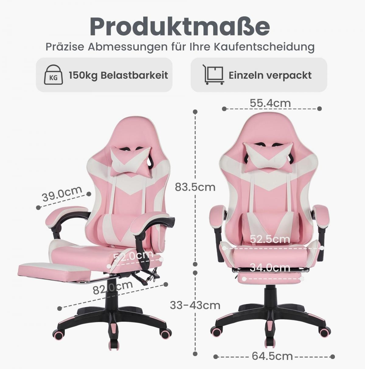 Zwei rosa Gaming-Stühle mit Maßen. Einer mit ausziehbarer Fußstütze, der andere stehend.