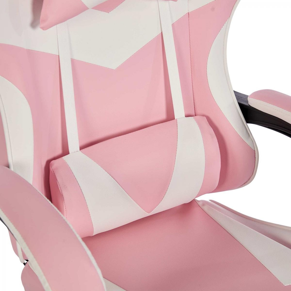 Ein pinker und weißer Gaming-Stuhl mit Nackenstütze und weißen Gurten.