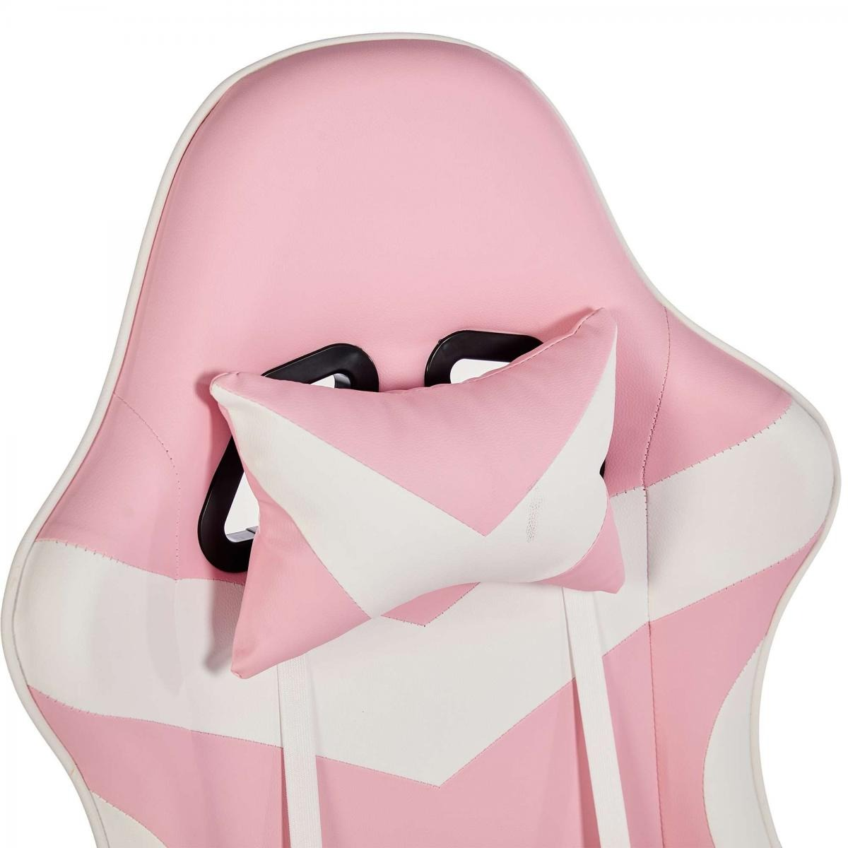 Ein rosa und weißer Gaming-Stuhl mit Nackenkissen.