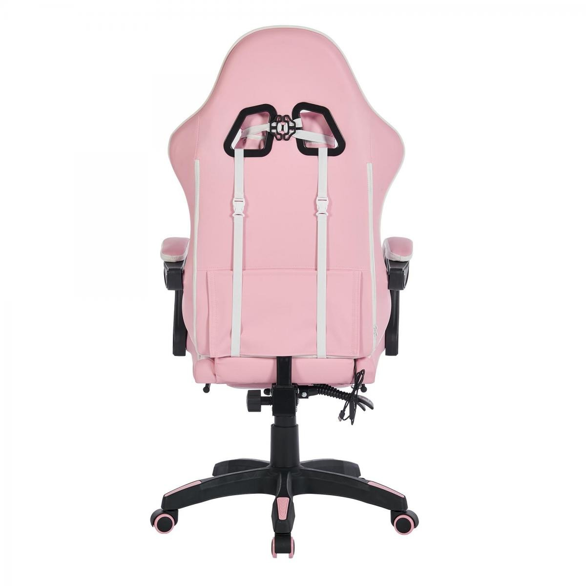Rückansicht eines rosa Gaming-Stuhls mit schwarzen Akzenten und Rädern.
