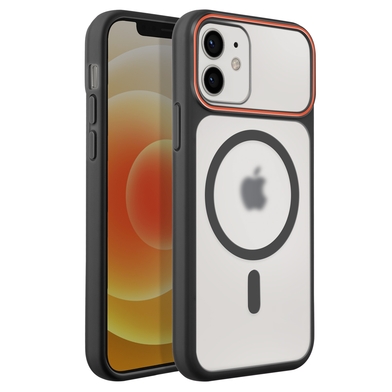 Un iPhone nero in custodia trasparente con bordo arancione, mostra il logo Apple.