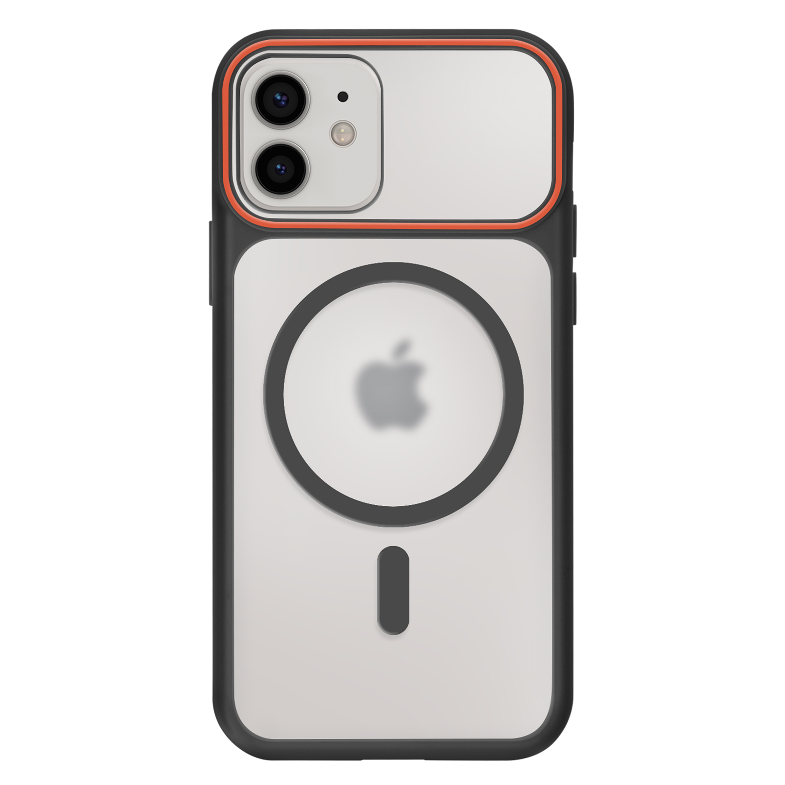 Una cover nera per iPhone con finitura arancione e logo Apple.
