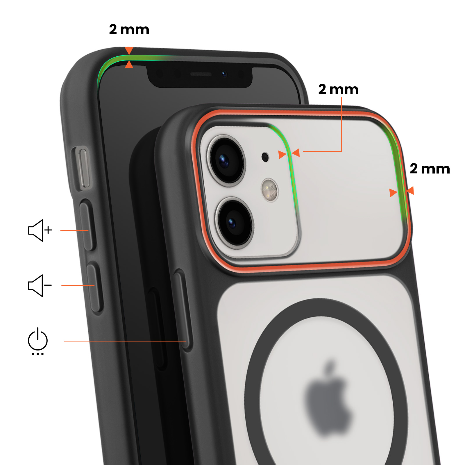 Primo piano di una custodia per telefono che mostra 2 mm di protezione.