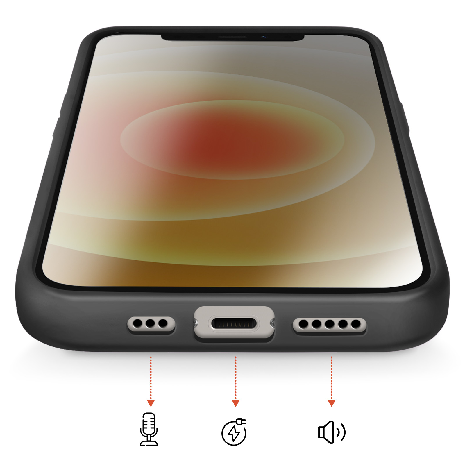 Una custodia nera per telefono con porta di ricarica, icone microfono e altoparlante.
